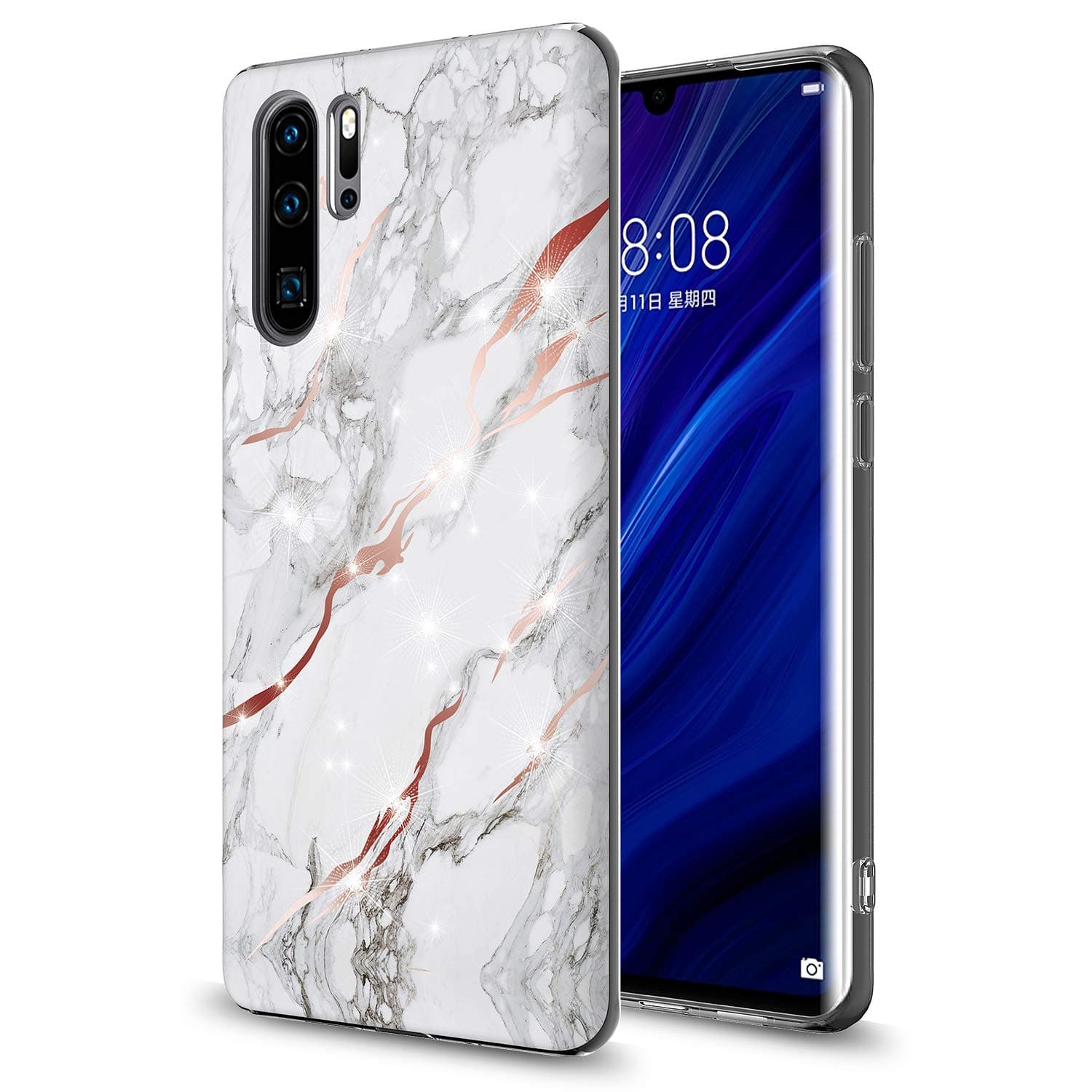 GORGCASE Case Design for Huawei P30 PRO/P 30 PRO 2019,Slim Anti-Scratch Hard PC Armor TPU Bumper Shock-Proof Cute Sparkle Bling Girls Women Protective Cover Marble Light White