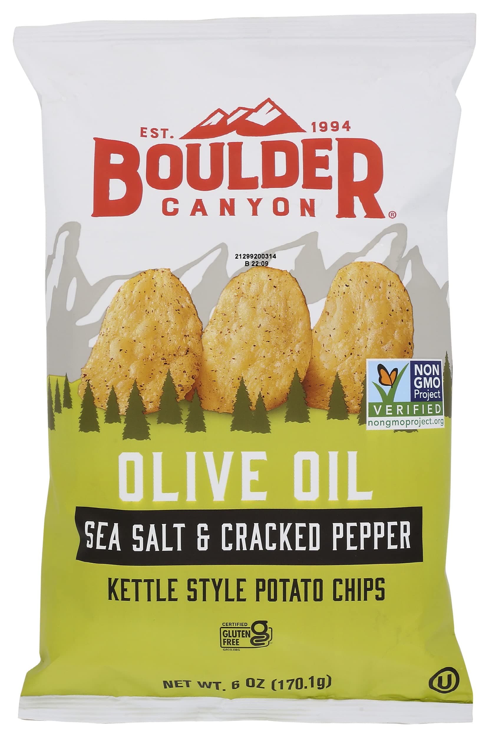 Boulder Canyon Kettle Cooked Potato Chips, Cooked in 100% Olive Oil, Wavy Canyon Cut, NON-GMO Verified, Gluten Free, Sea Salt & Cracked Pepper, 6 Ounce (Pack of 12)