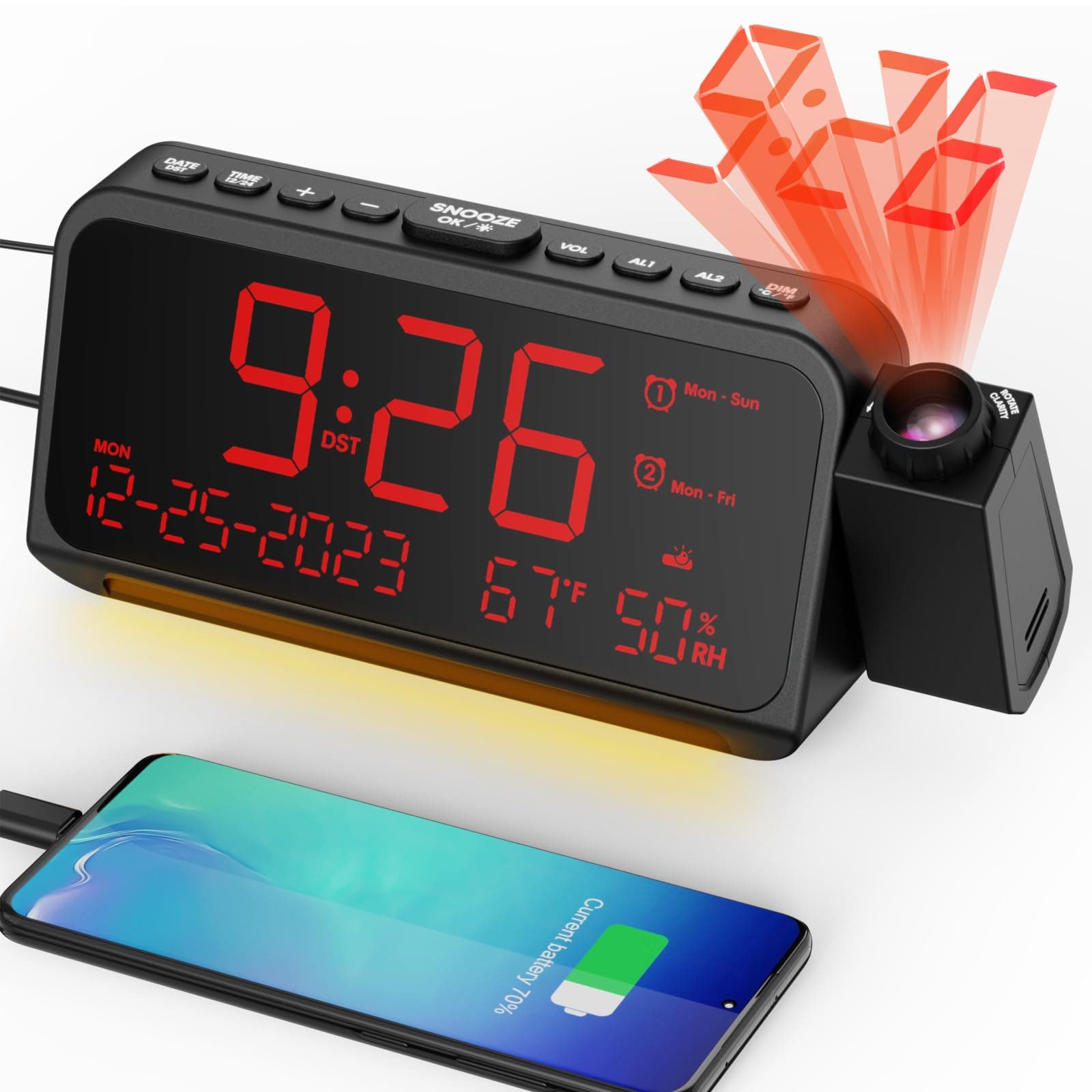 Mesqool Projection Alarm Clock for Bedroom, Digital Clock with Projection on Ceiling with Night Light, Date, Temperature, Humidity, Type-C USB Charger, Snooze, Dual Alarm, Dimmer, 12/24H