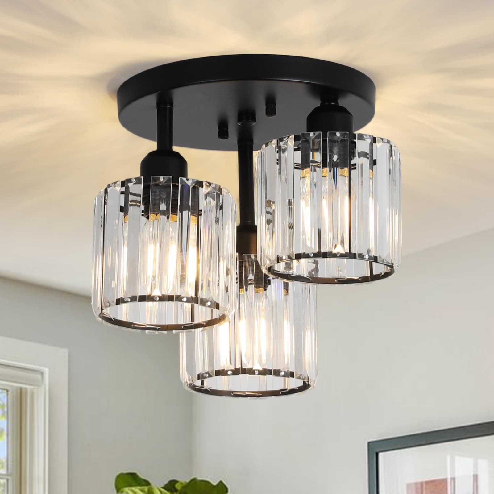 PAUFUL Crystal Semi Flush Mount Ceiling Light,3-Light Modern Close to Ceiling Light Fixtures,Black Kitchen Light Fixtures with Clear Crystal Shade,Hallway Light Fixtures for Hallway Bedroom Bathroom