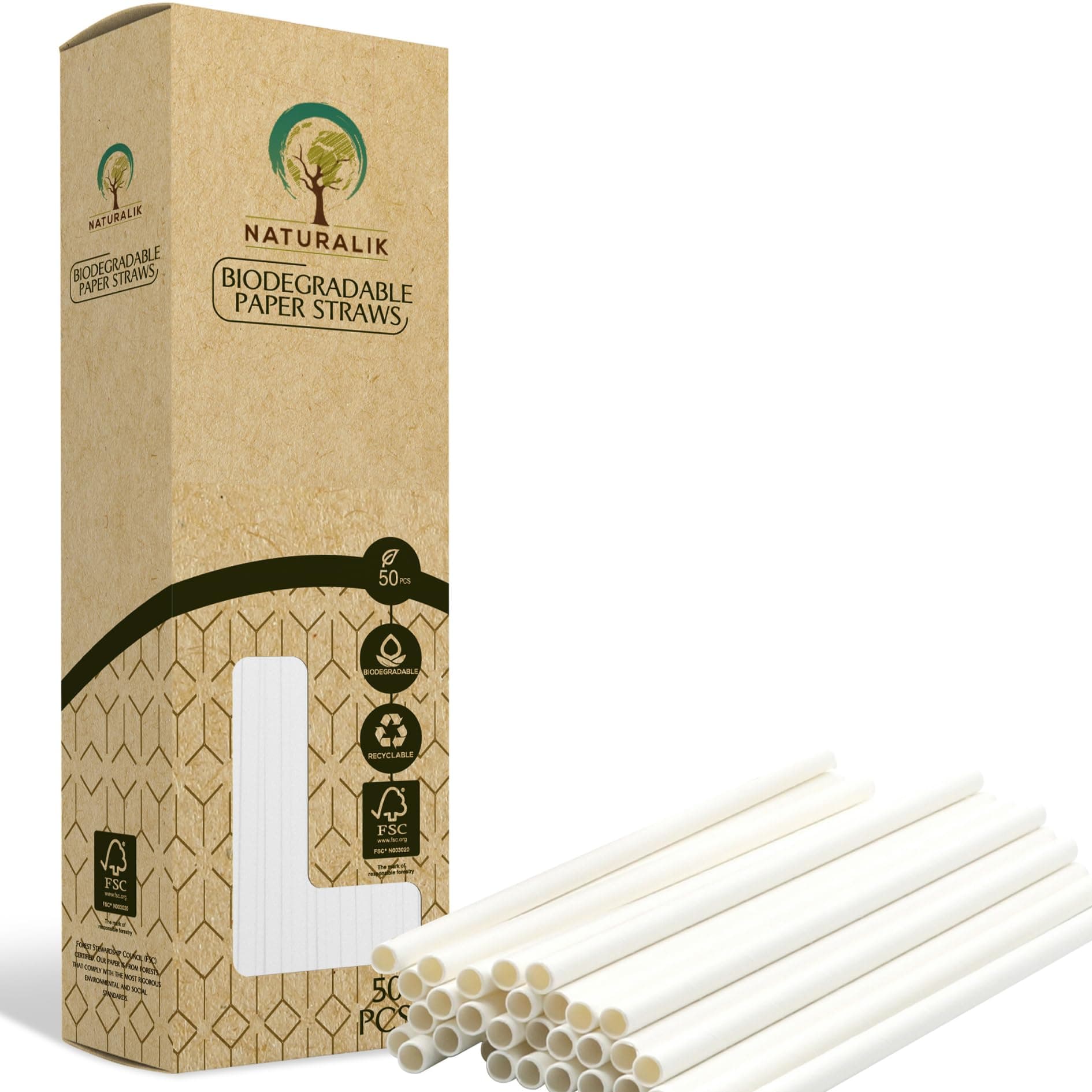 50pc Extra Durable Biodegradable white paper straws, Dye-Free, Eco-Friendly Sturdy Paper Straws (50ct, White)