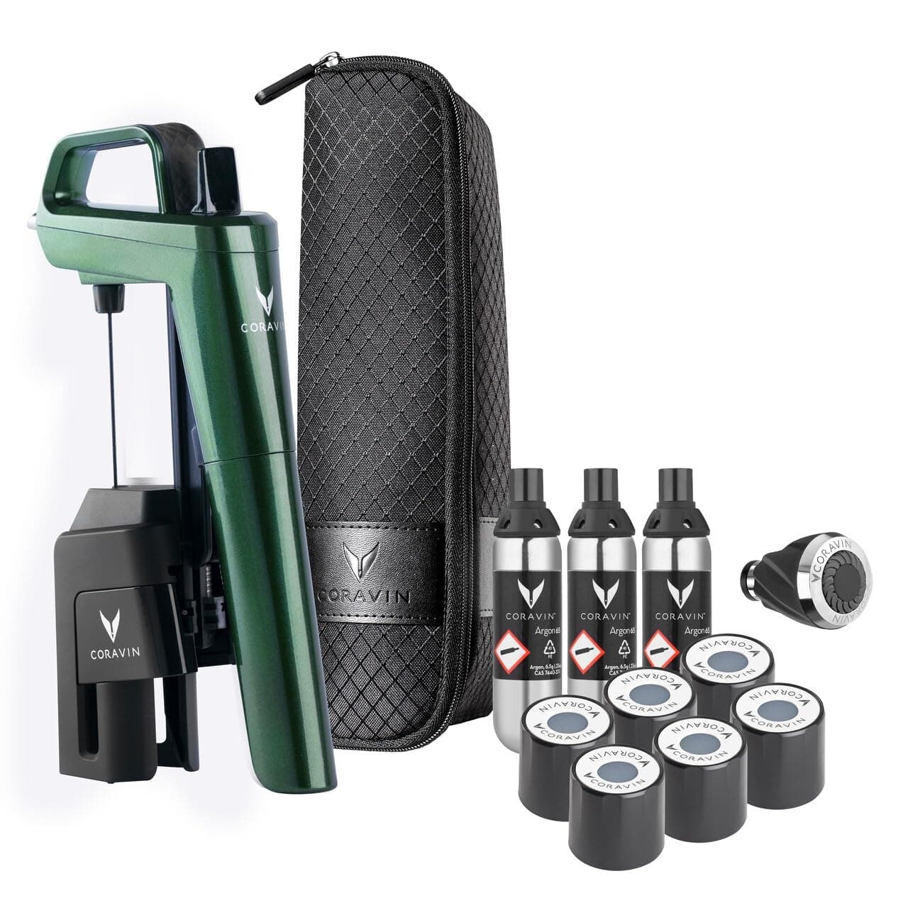 Coravin Timeless Six Plus Wine Storage System - Glass Wine Saver - 3 Pure Argon Gas Capsules, 6 Screw Caps and Wine Aerator - Limited Edition 2024 Forest Green