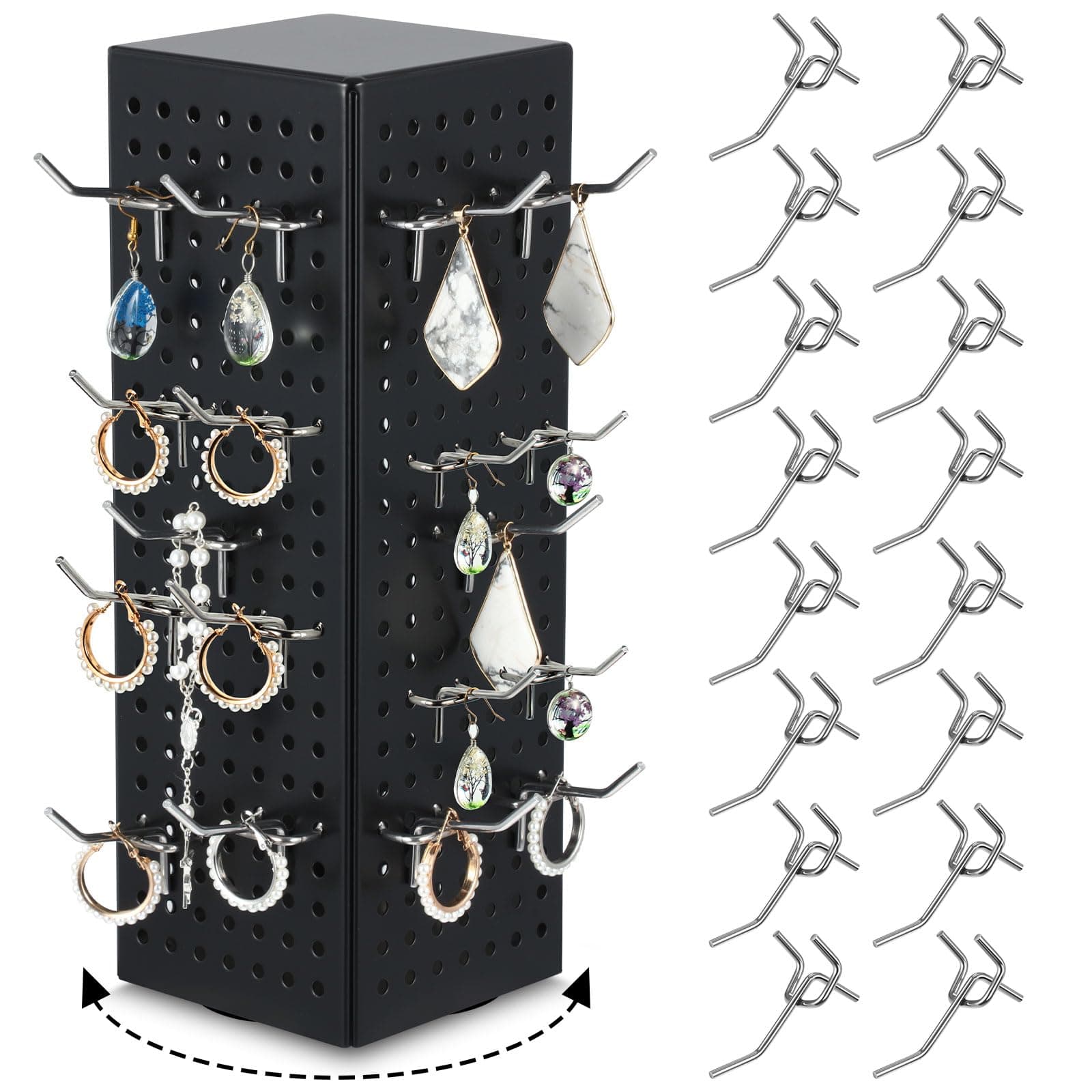 Geelin Rotating Countertop Display Kit with 16 Peg Hooks Four Sided Pegboard Spinner Organizer 4 x 4 x 12 Inches Retail Display Racks Revolving Metal Countertop for Keychain Supplies(Black)