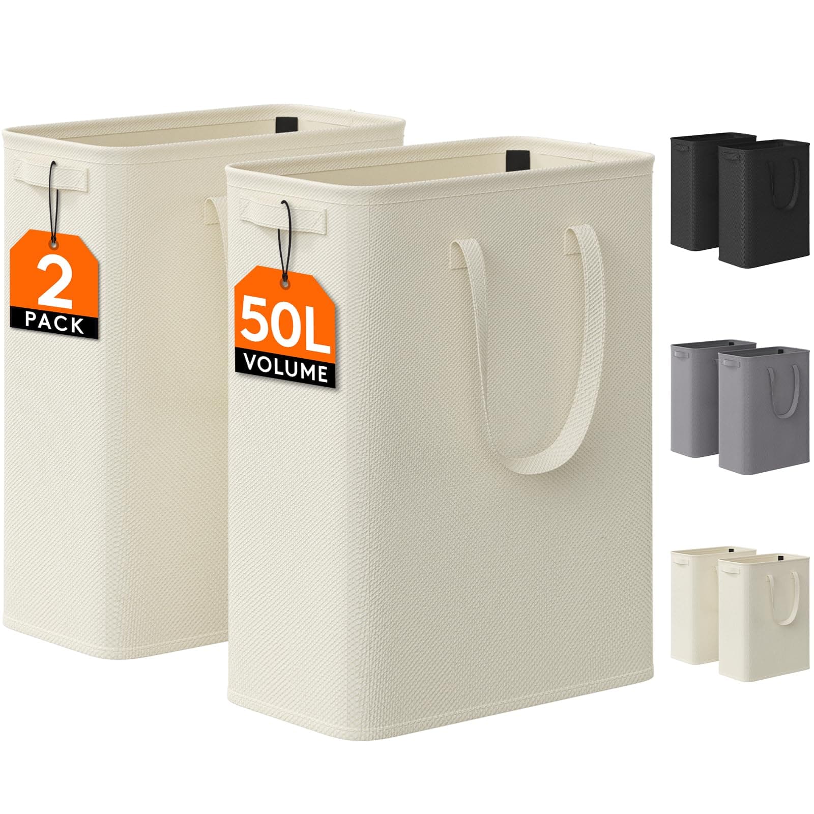 2 Pack Slim Laundry Hamper, Collapsible Narrow Laundry Basket, Small Tall Dirty Clothes Hampers with Handles for Bathroom Bedroom College Dorm, White, 50L