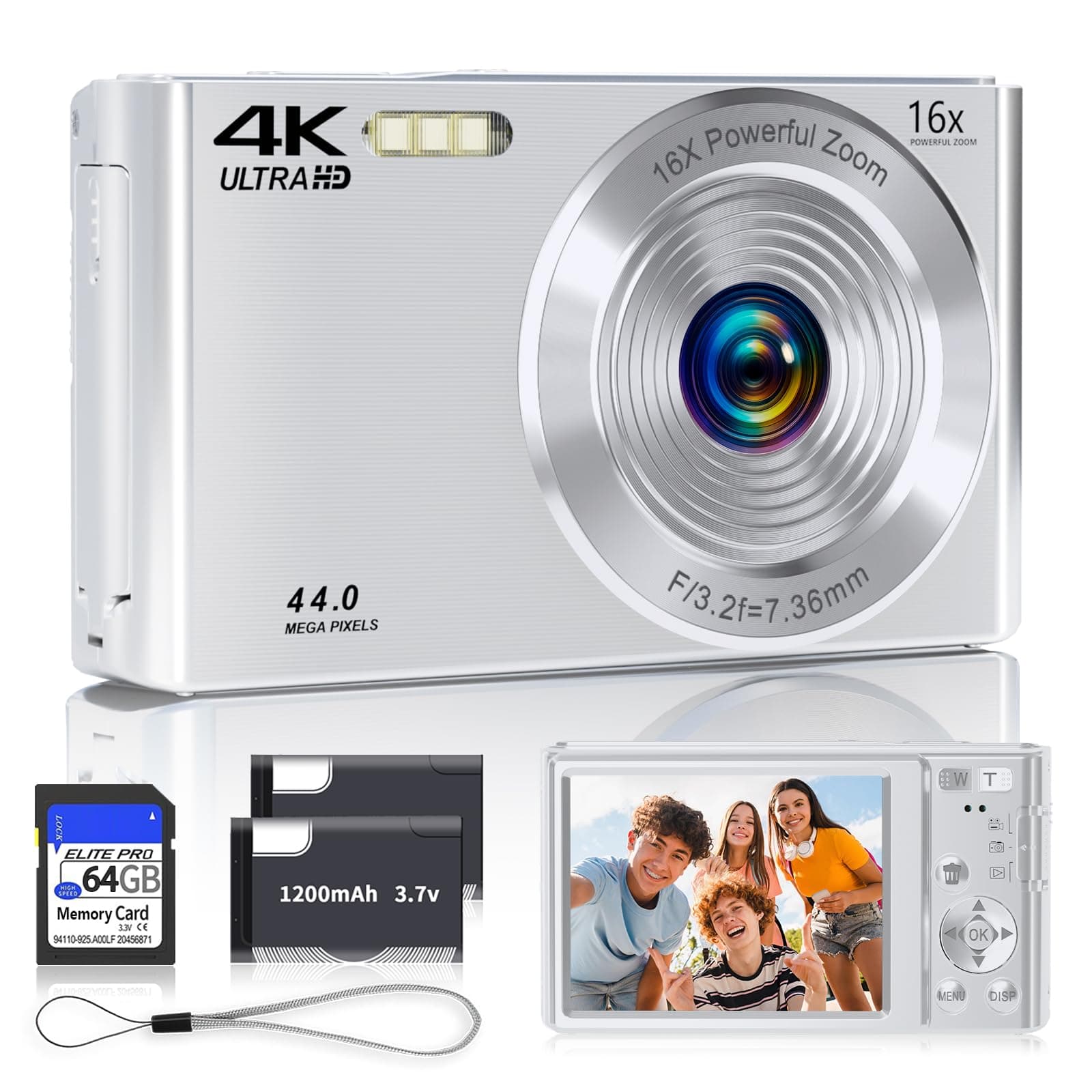 Digital Camera 2025 4K 44MP for Teens, Silver Point & Shoot with 16X Zoom, 64GB SD Card, Compact Camera for Boys, Girls, Teens & Kids Gift