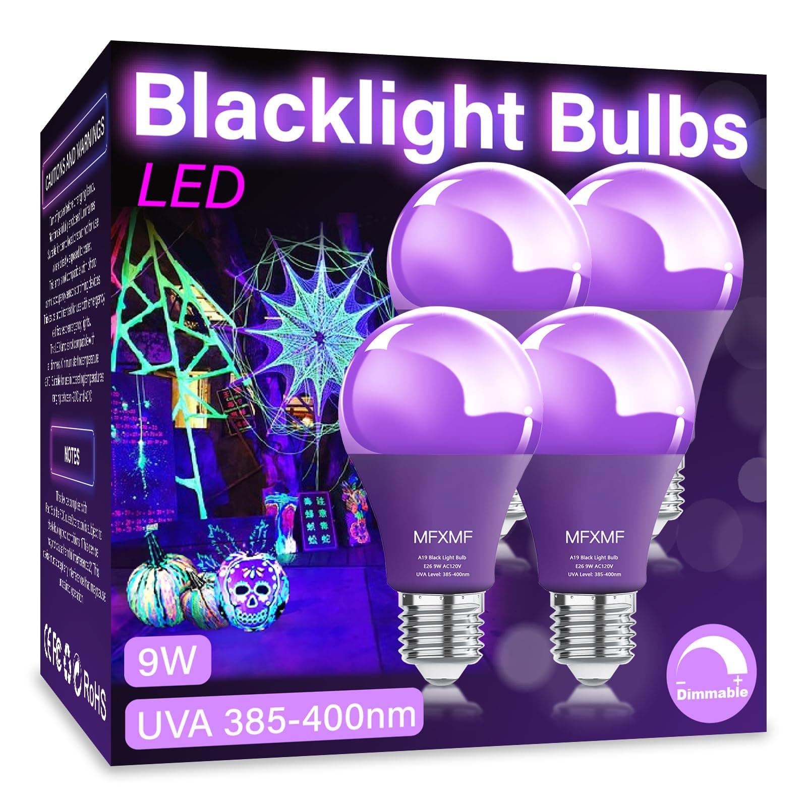 A19 LED Black Light Bulbs 4 Pack,10W (100W Equivalent) E26 Base 110V Blacklight, UVA Level 385-400nm, Glow in The Dark for Blacklights Party,Fluorescent Poster, Body Paint,Neon Glow