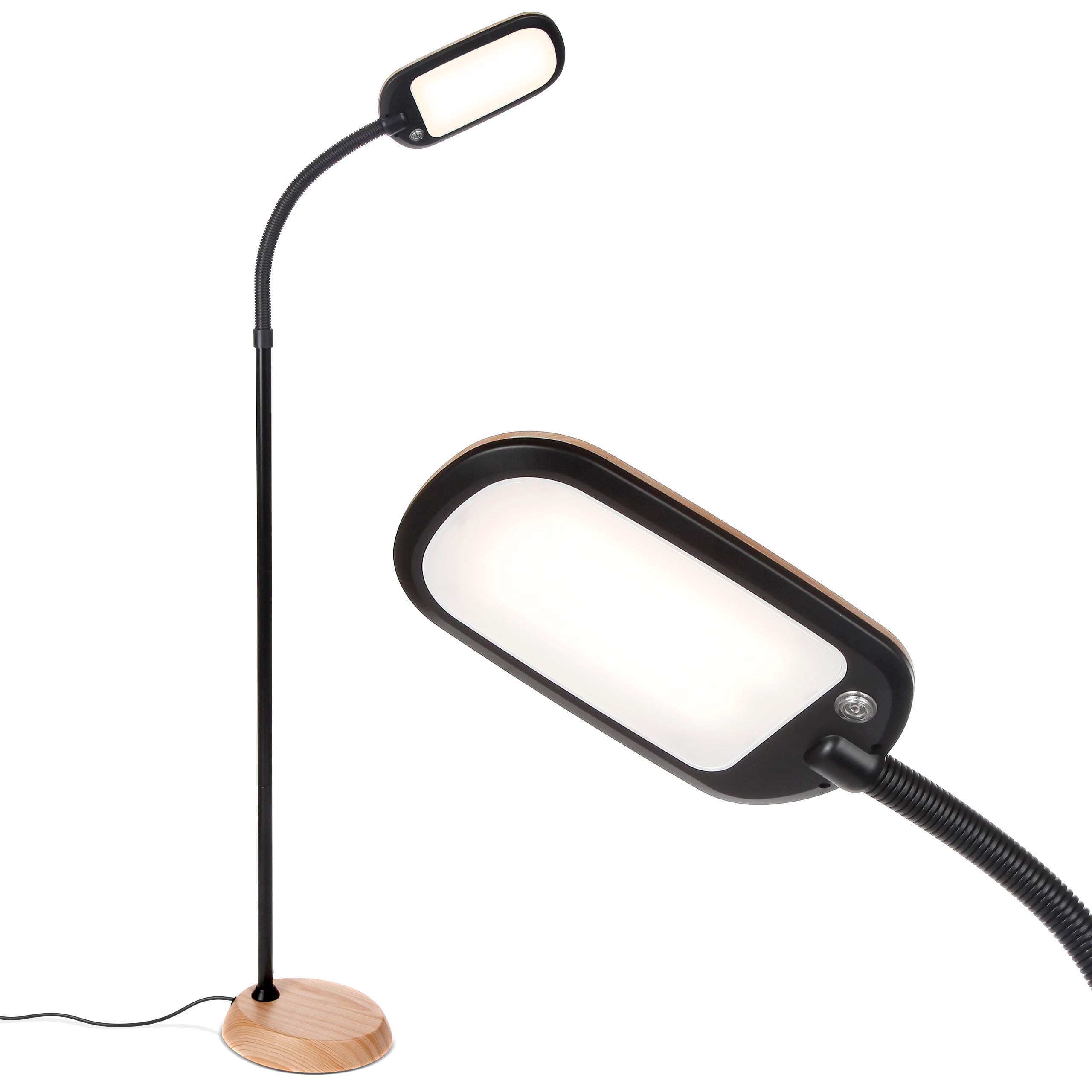 Litespan Slim LED Floor Lamp - Modern Reading Light Over Chair for Living Rooms & Offices, Tall With Adjustable Gooseneck, Crafts Work Light, Dimmable Standing for Bedroom - Wood