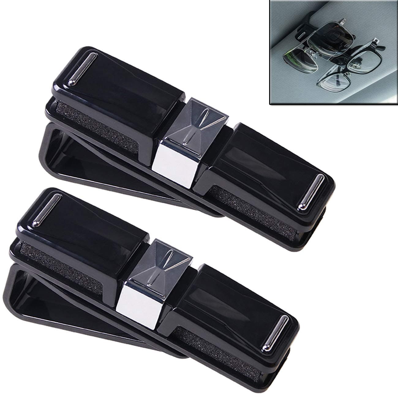 Kitbest Sunglass Holder for Car Sun Visor, (2 Pack) Visor Sunglasses Holder Glass Clip Mount, Auto 360° Rotatable Double Eyeglass Holder with Ticket Card Clip