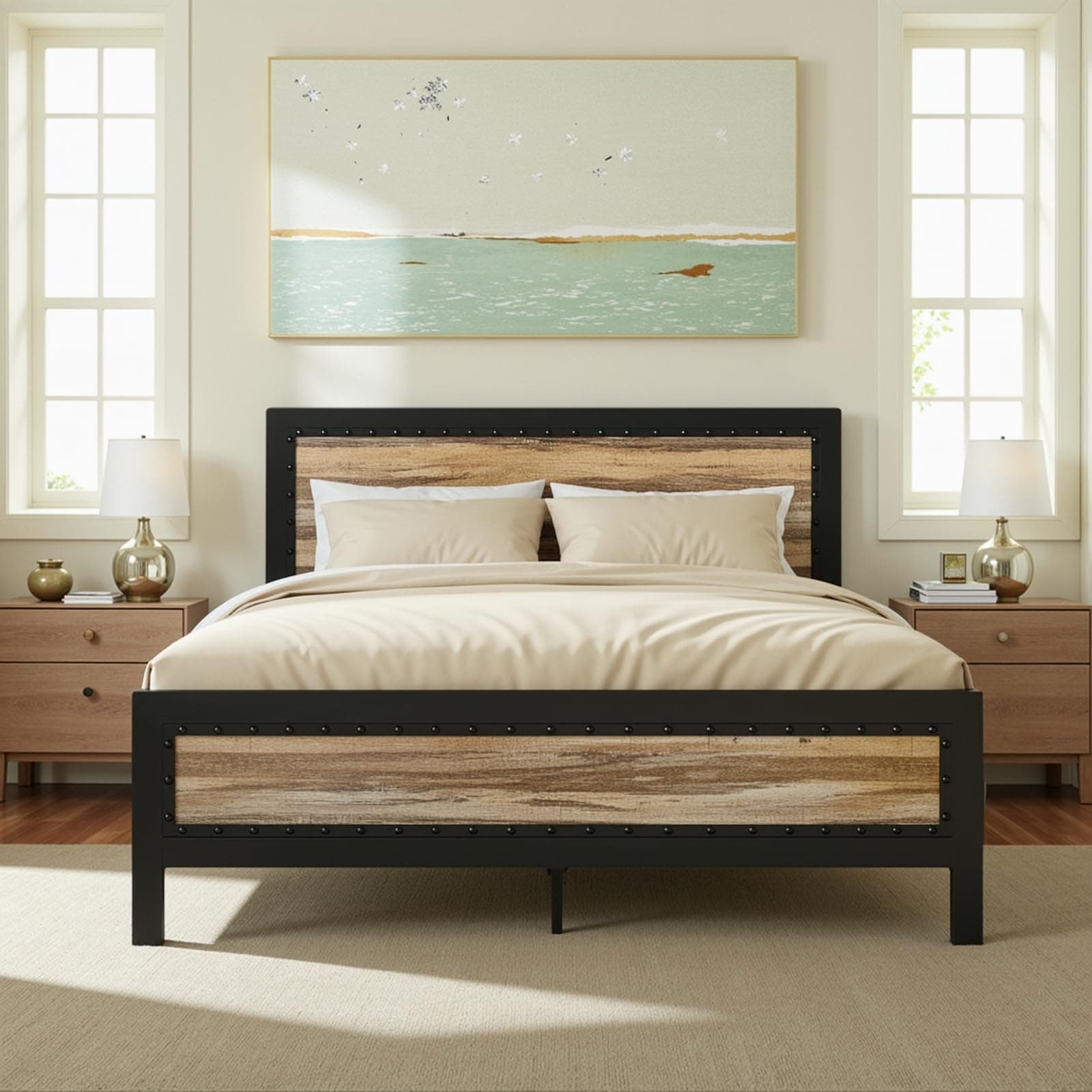 SHA CERLIN Heavy Duty Full Size Bed Frame, Metal Platform Base with Rivet Wooden Headboard Footboard, 13 Strong Steel Slats Support, No Box Spring Needed, Mattress Foundation