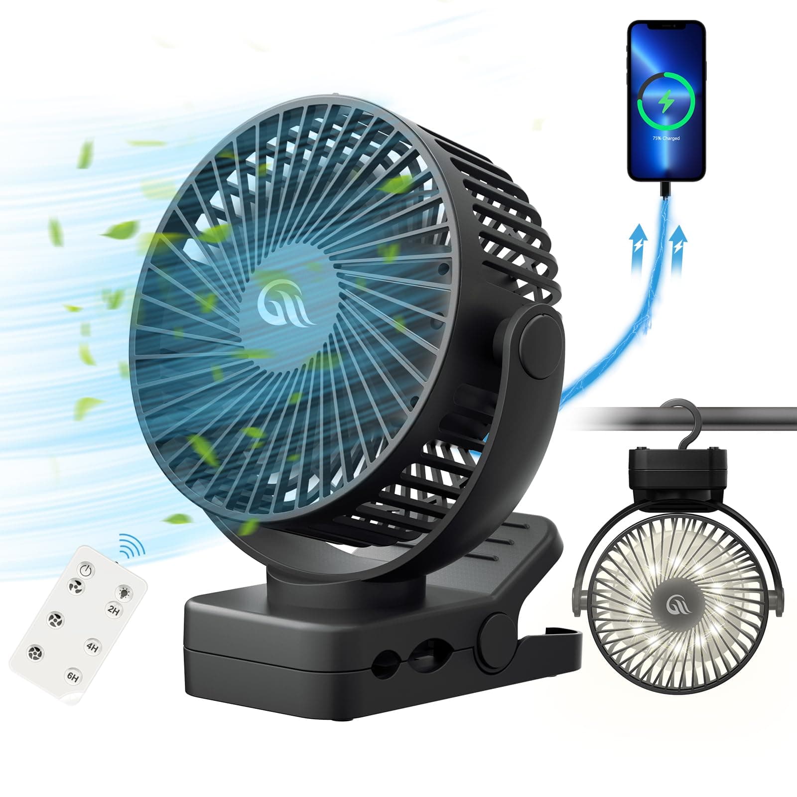 Portable Fan with Remote Control & Timer & LED Lights, 60hrs 12000mAh USB Rechargeable Battery,Clamp/Hanging/Stand Up, Small Clip on Fan for Baby Stroller, Bed, Desk, Camping Tent, Travel