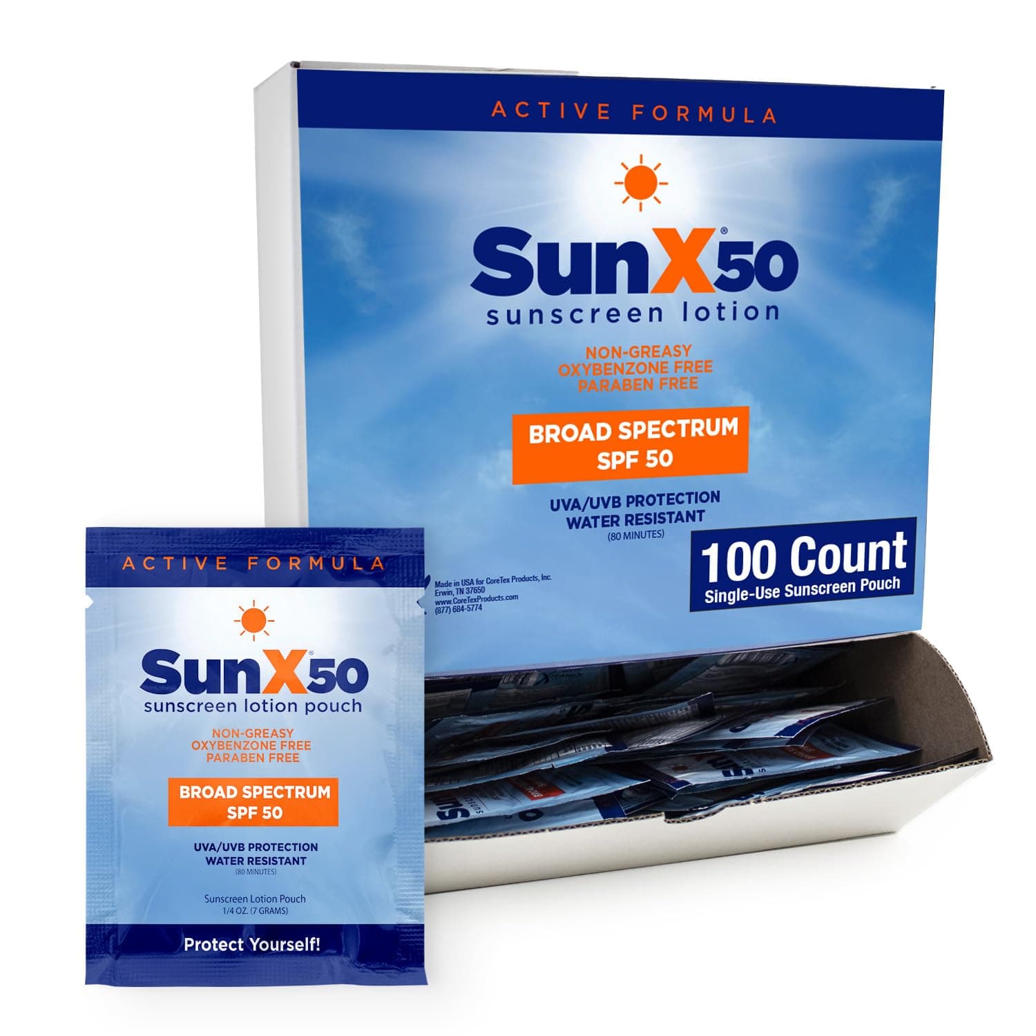 CoreTex Sun X 50 SPF Broad Spectrum Sunscreen Packets - Pack of 100 Paraben, Oxybenzone, Octinoxate, & Oil Free Sunscreen - No White Cast and Water Resistant Up to 80 Minutes