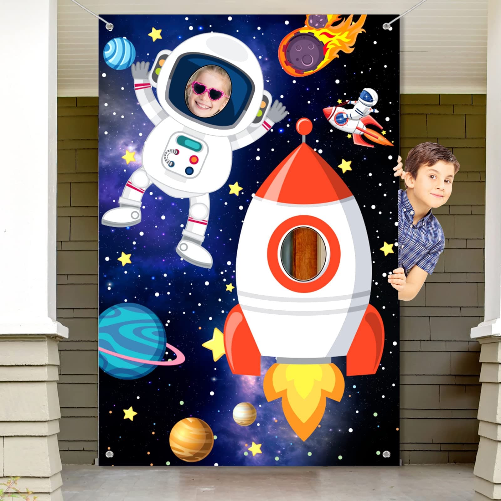 Tatuo Photo Booth Prop Outer Space Theme Party Decorations Backdrop Astronaut Face Rocket Ship Birthday Decor Supplies 59 x 39 in Space Banner Vbs Galaxy Planet Starry Photograph Background for Kids