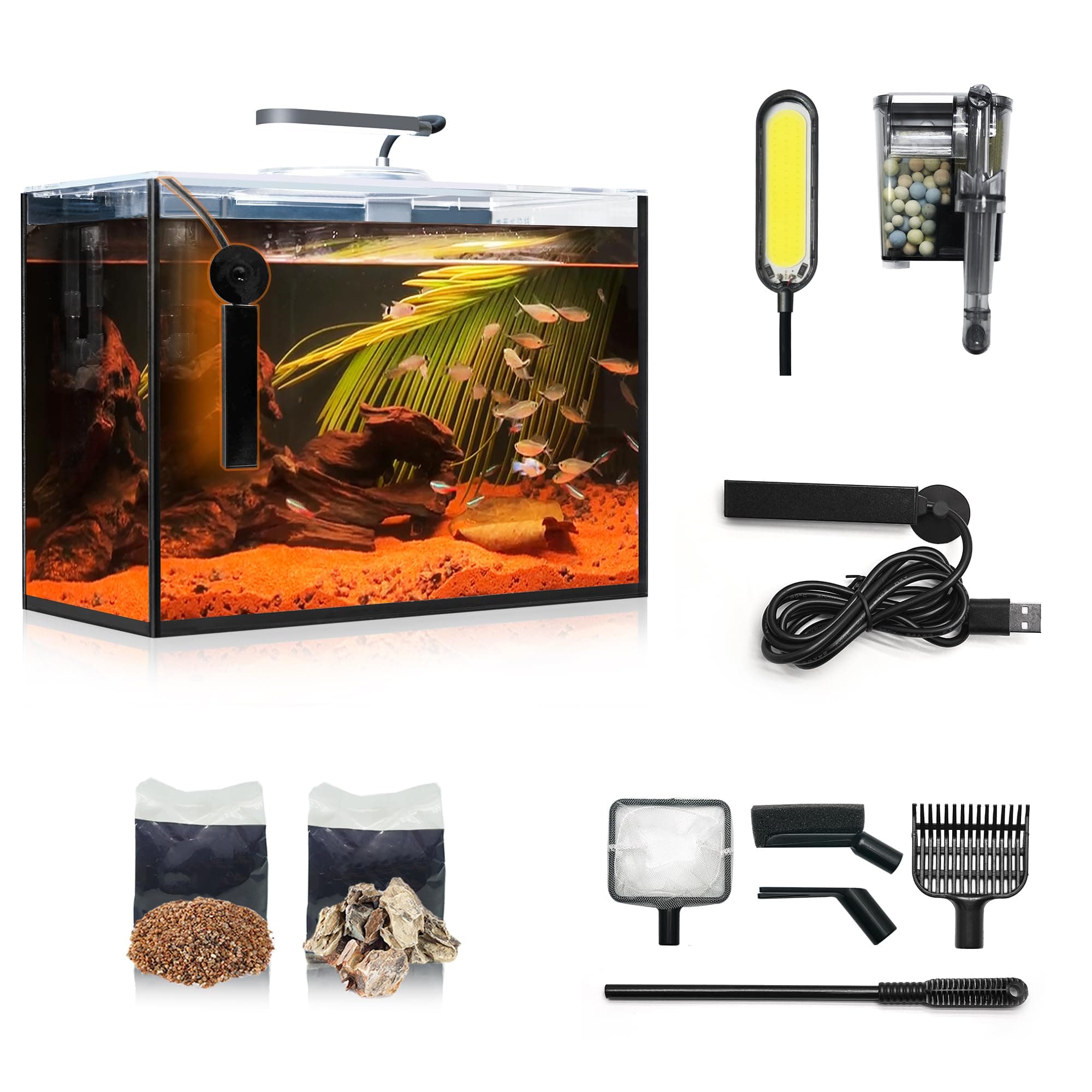 3 Gallon Fish Tank Aquarium Starter Kit, Including HD Float Glass Small Fish Bowl, Filter, Self-Cleaning Filter, Light, Rocks, Gravel, Plants, Cleaning Tool Set.Beginner's Gift for Betta, Guppy