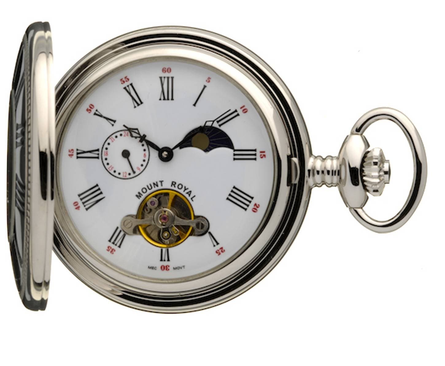 Mount Royal Chrome Half Hunter Pocket Watch, Sun/Moon Phase, 24 Hour Dial LWF-B31C