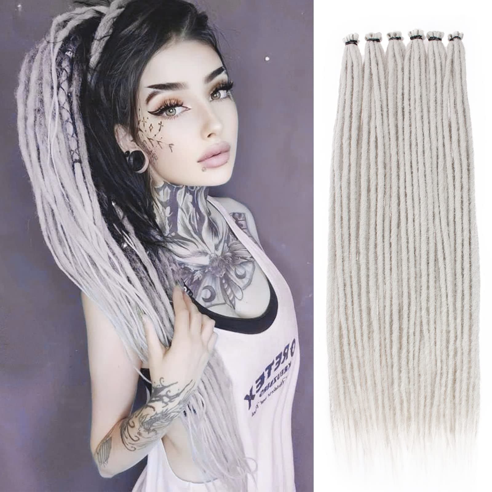 Leeven 20 Strands Thin Dreadlock Extensions 24 Inch Grey Soft Crochet SE Dreads Reggae Style Synthetic Braiding Hair 0.6 cm Width Loc Extensions for Women Men