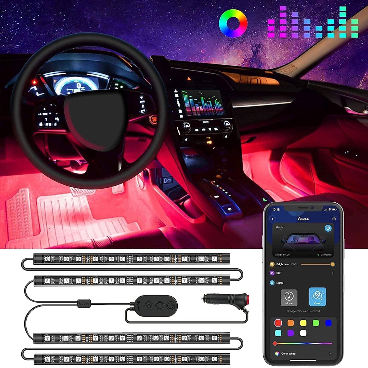 Car LED Lights, Smart Car Interior Lights with App Control, RGB Lights with DIY Mode and Music Mode, 2 Lines Design LED Lights for Cars with Car Charger, 12V