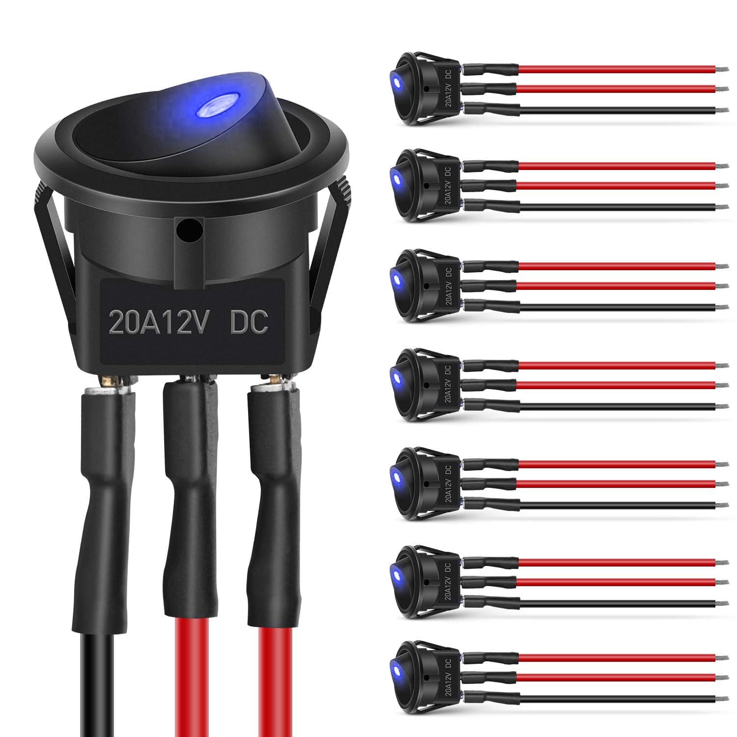 Nilight 8PCS 12V 20A Round Blue Toggle LED Rocker Switch On-Off Control SPST 3Pins for 12V Car Truck Boat Marine Off-Road Vehicle with 24PCS Wires,2 Years Warranty