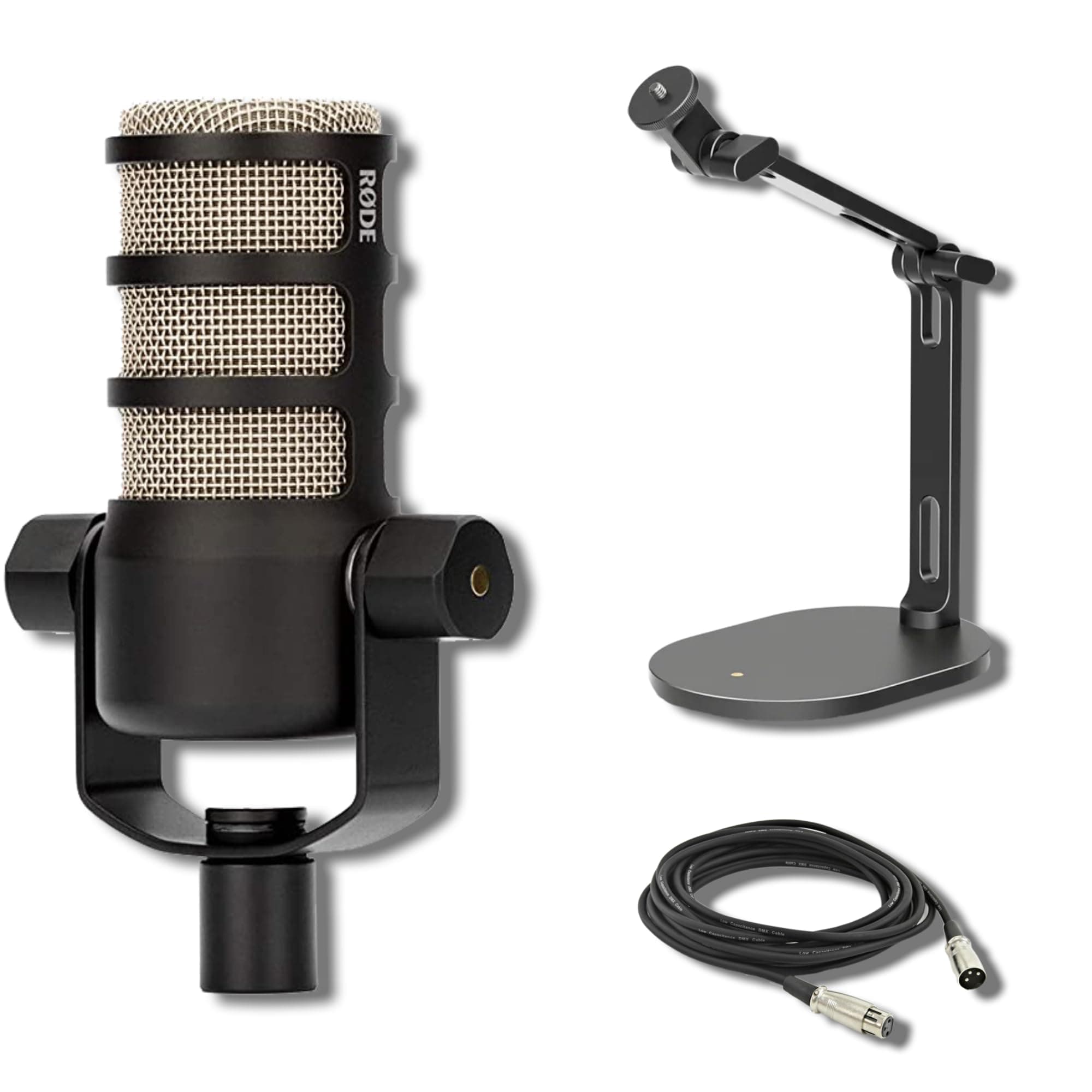 Rode PodMic Dynamic Broadcast Microphone with Rode Desk Stand 2 (DS2), XLR Cable, and StreamEye Polishing Cloth