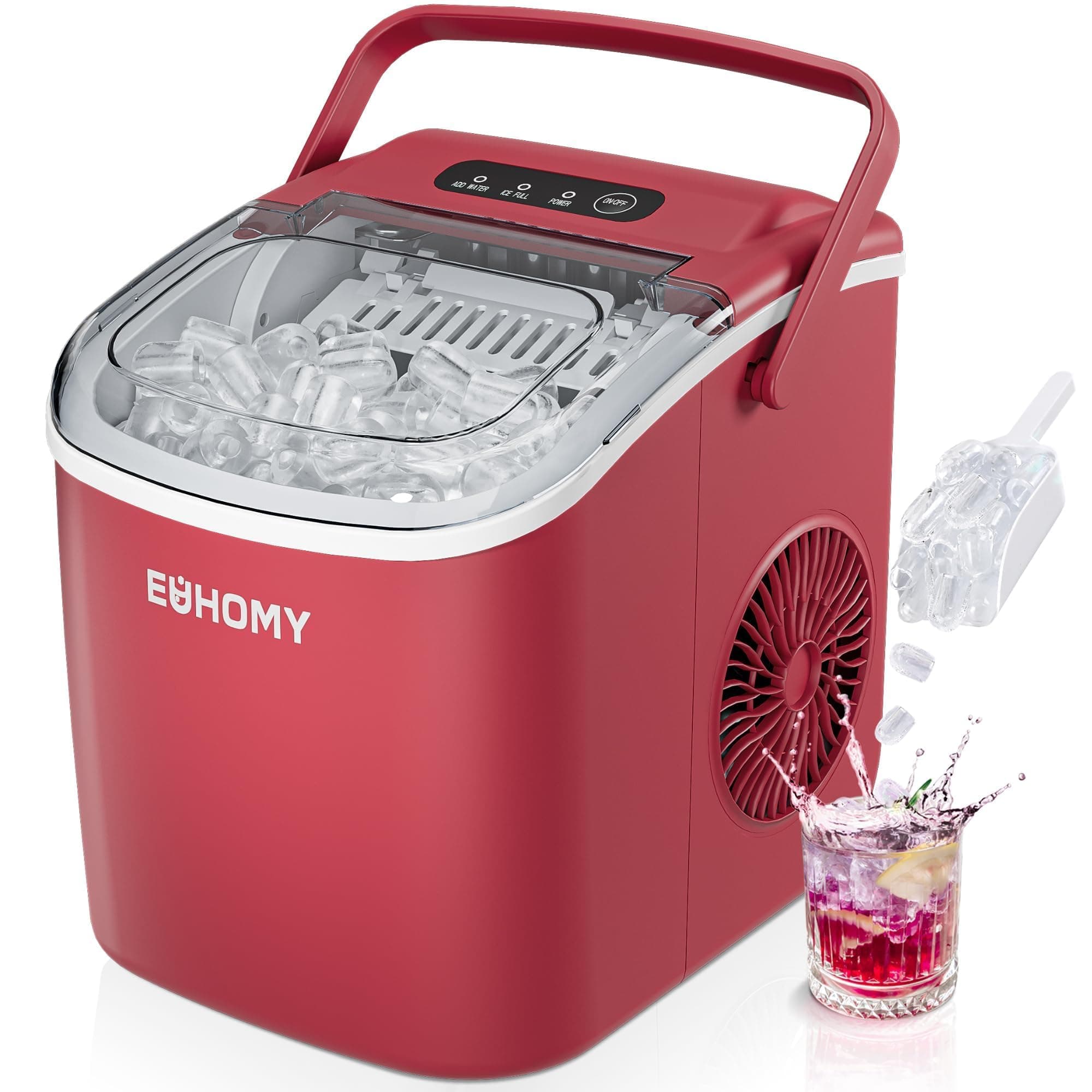 EUHOMY Countertop Ice Maker Machine with Handle, 26lbs Per Day, 9 Ice Cubes Ready in 6 Mins, Auto-Cleaning Portable Ice Maker with Basket and Scoop, for Home/Kitchen/Camping/RV (Red)