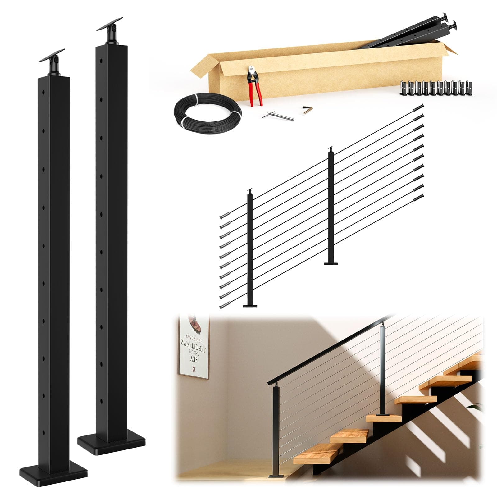 5-10FT Modular Black Cable Railing Kit 36 Inch 2 Stair Post Kit Complete Set Cable Railing System for Stairs Length Adjustable Easy DIY with Paper User Guide (No Handrail) RWS1 BA4S
