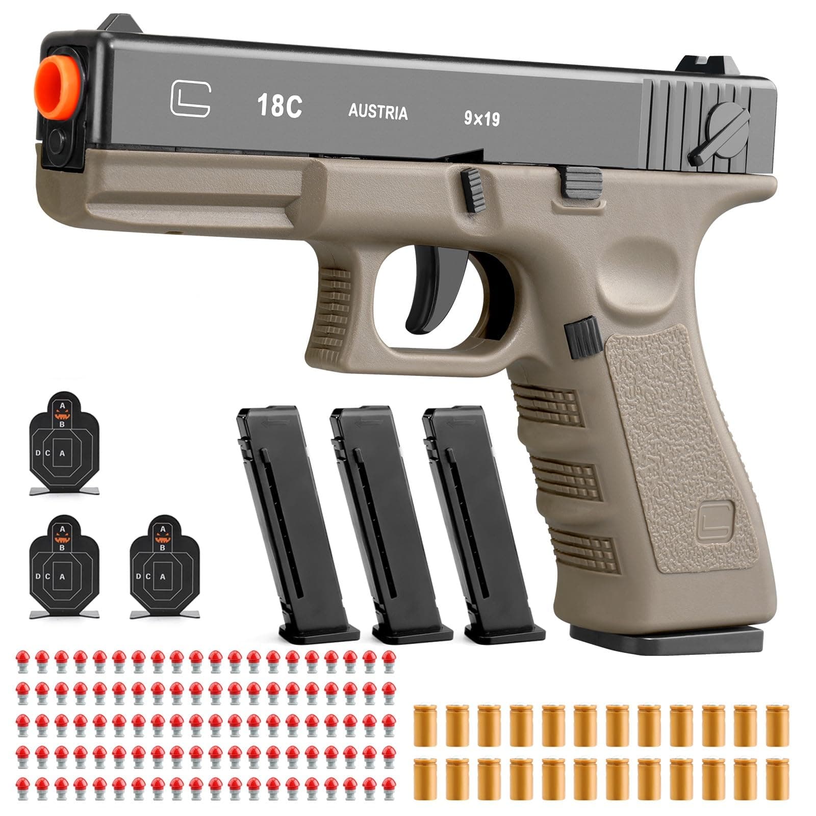 Soft Bullet Gun Toy - Semi-Automatic Handgun with Shell Ejection and Auto Rebound, Tactical Target Shooting Game (Orange Safety Tip/No Batteries) 14+ (Khaki)