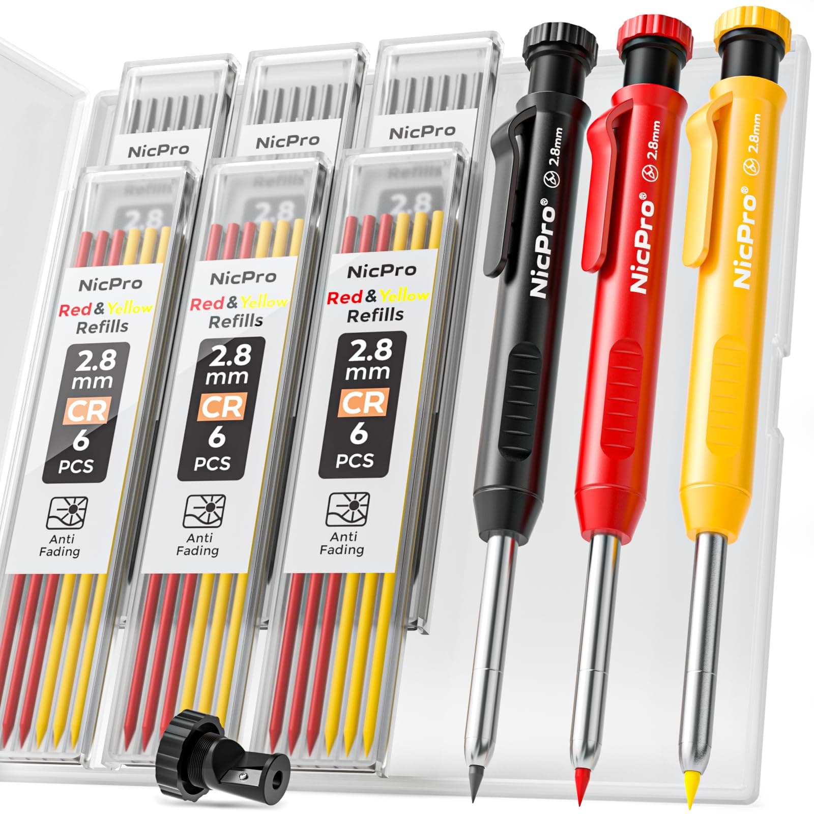 3 Pack Carpenter Pencil with Sharpener, Mechanical Carpenter Pencils with 39 Refills, Construction Pencil Heavy Duty Woodworking Pencils for Architect (Red, Black, Yellow)- With Case