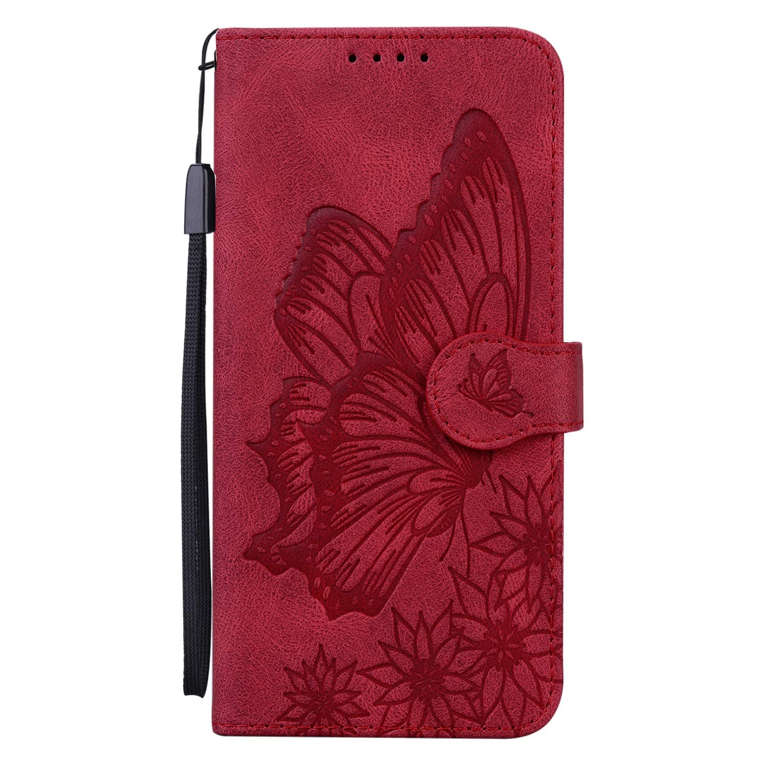 Compatible for iPhone 14 Pro Max Wallet Case Skin Feel Embossed Butterfly Flower Leather Folio Case Card Holders Stand Flip Case with Wrist Strap - Red
