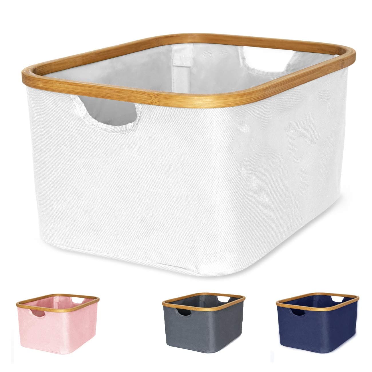 Small Laundry Basket Foldable with Handles - Portable Collapsible Laundry Basket Small Hamper | Canvas and Bamboo | Cloth Storage Basket for Clothes, Organization, Sorting (White)