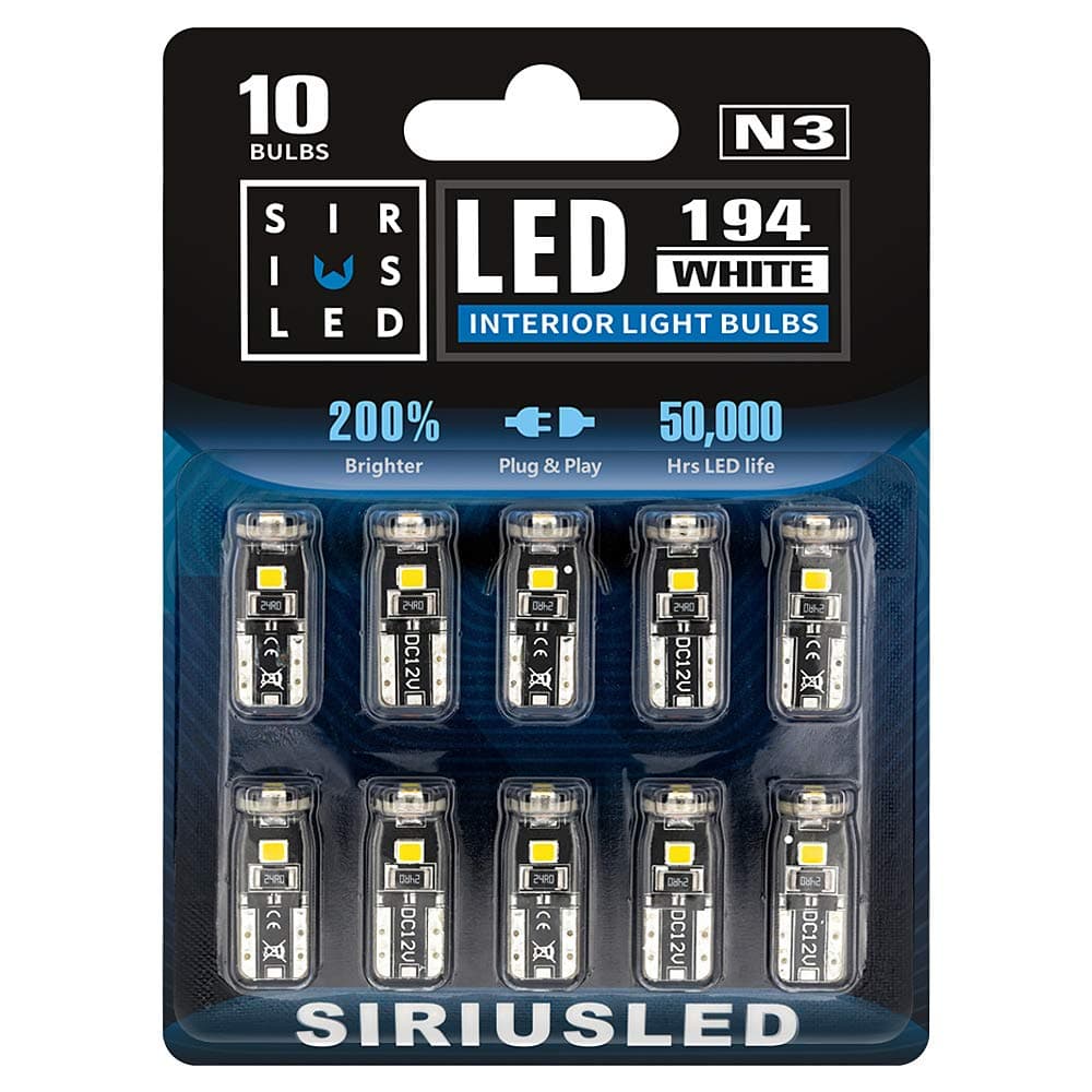 SiriusLED Extremely Bright 3030 Chipset LED Bulbs for Car Interior Dome Map Door Courtesy License Plate Lights Compact Wedge T10 168 194 2825 Xenon White Pack of 10