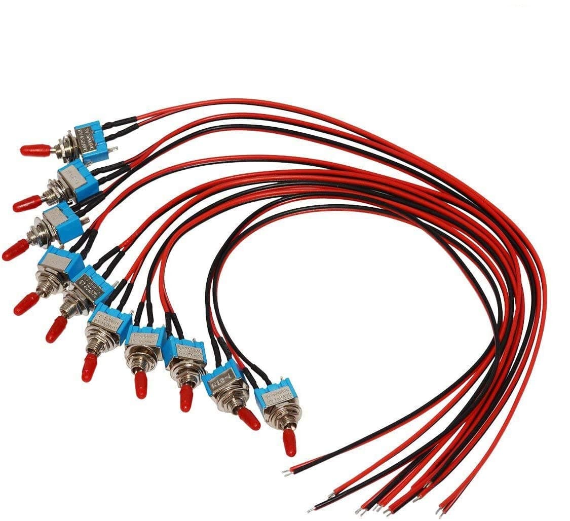 DONJON Toggle Switch,ON/Off SPST with Pre-soldered 20AWG Wires,3v/5v/12v/24v/72v/240v Mini Toggle Switches for Light,car,Truck,Test Machine,Industrial Equipment.3 Pins 2 Positions(10pcs+Wire)