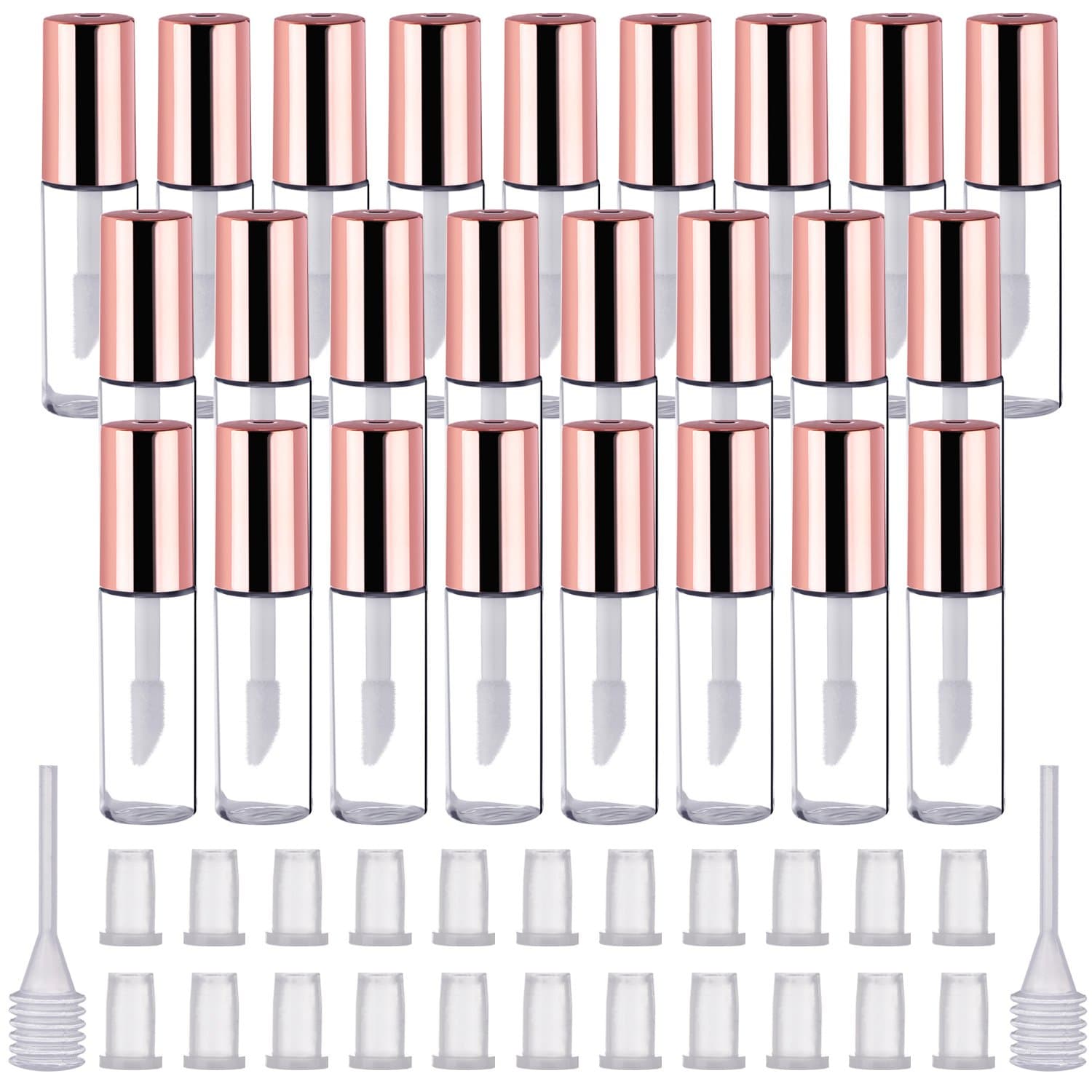 Pangda 25 Pack 1.2 mL Empty Lip Gloss Tubes Containers, Clear Mini Refillable Lip Balm Bottles with Rubber Inserts and Transfer Pipettes for Lip Samples Travel Split Charging DIY Makeup (Rose Gold)