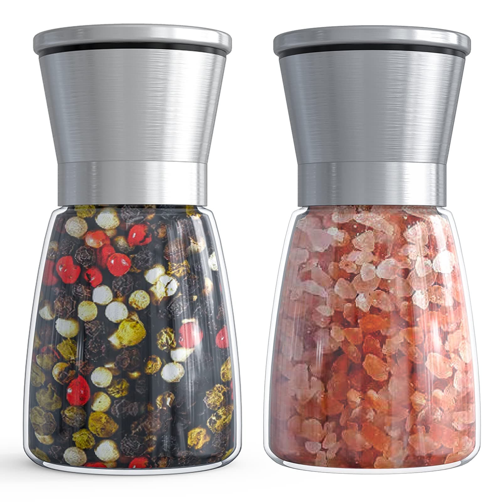 Ebaco Salt and Pepper Grinder Set - Refillable Grinder Adjustable Coarseness of Pepper Salt Spice Stainless Steel Mills Glass 6oz(2 Pack)