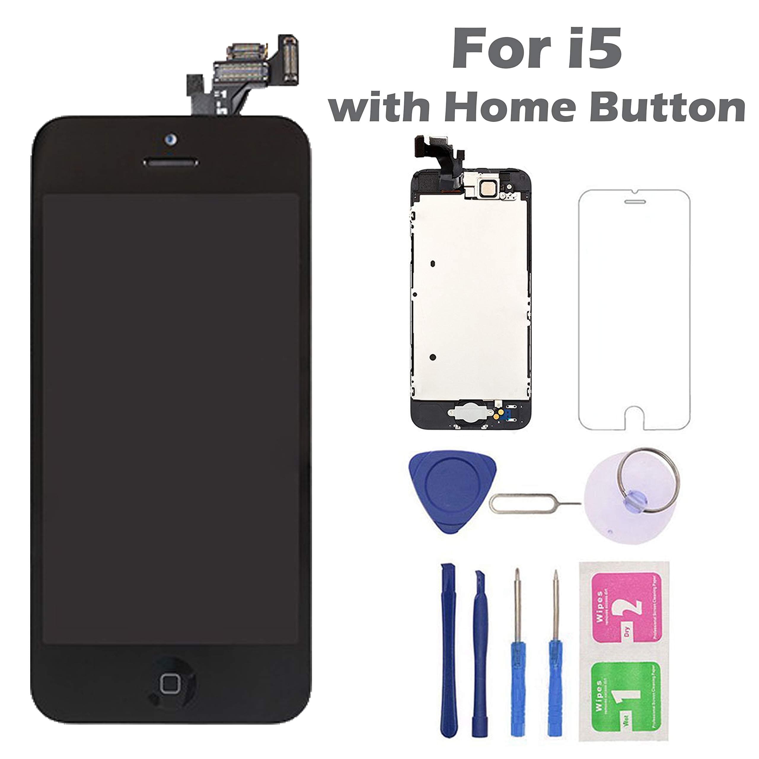 for iPhone 5 Screen Replacement with Home Button, Arotech 4.0 Inch Full Assembly LCD Display Digitizer Touch Screen with Repair Tool Kit and Tempered Glass (Black)