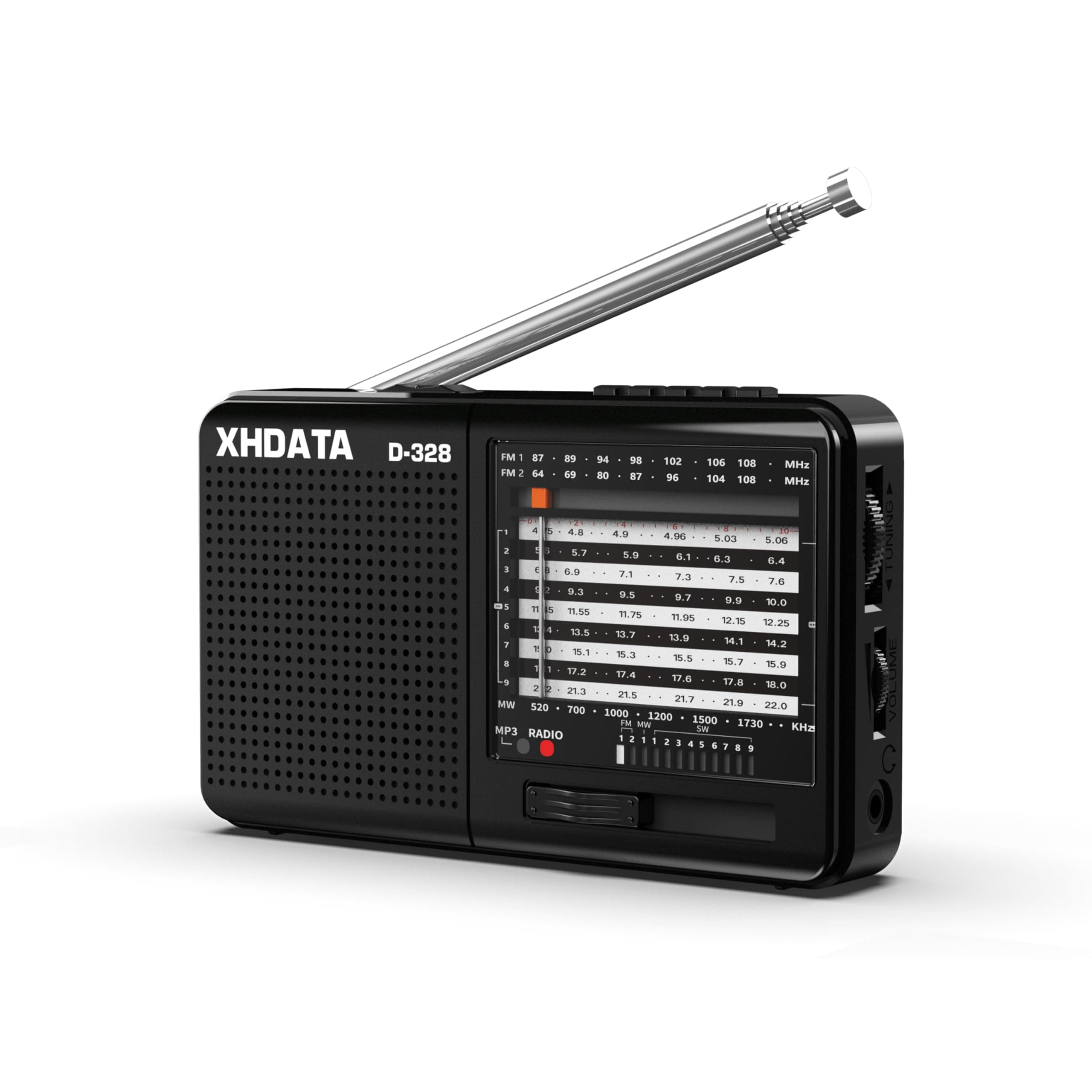 D-328 Shortwave AM FM DSP Portable Small Multi Band Radio Stereo MP3 Player with Rechargeable Battery Earphone Jack Portable Multimedia Speaker with USB Micro SD Card Jack (Black)