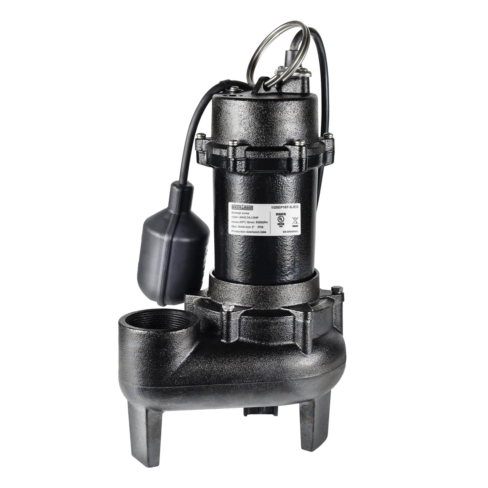 WASSERMANN 1/2 HP Sewage Pump with Auto Float Switch, 115V 5300 GPH Cast Iron Submersible Sewage Pump, Sump Pump for Basement Sump Basin Sewage Well 2" NPT Discharge with 10 FT Cable