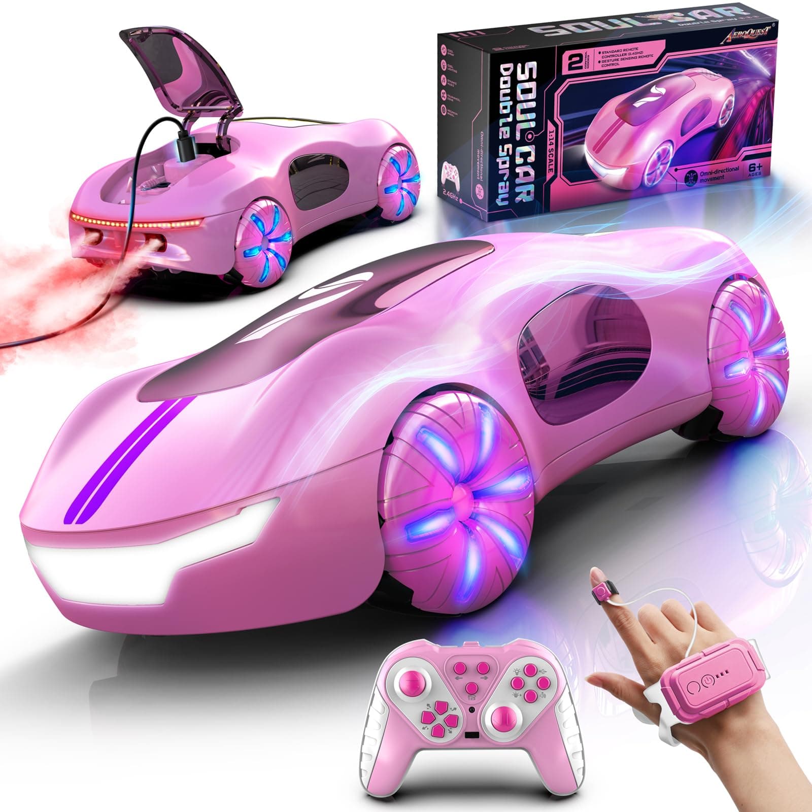 - Gesture Sensing Remote Control Car, Drift RC Stunt Car with Light Spray & Sound, 2.4GHz Hobby RC Cars Toy for Kids, 360° Rotate, Birthday Gifts for Boys Girls 6-12(Pink)