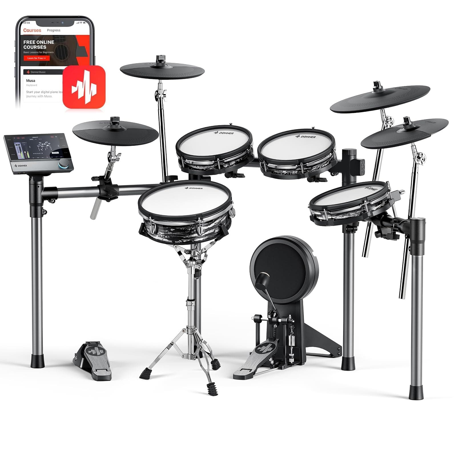 Donner Beat Max Electronic Drum Set, Electric Drum Kit with 12" Quiet Mesh Drum Pads, 14" Cymbals w/Choke, 100 Kits and 1100+ Sounds, Sticks, USB MIDI, DONNER PLAY app (5 Pads, 4Cymbals)