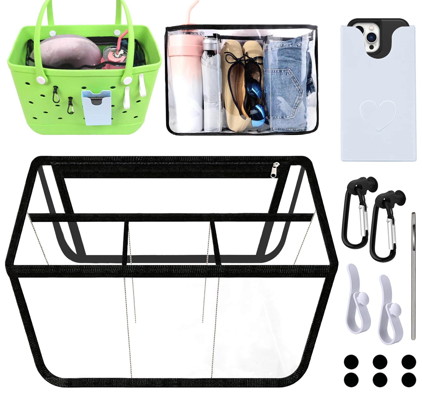 Kooterfun 6Pcs Clear Organizer Inserts for Bogg Bag X - Large Original Accessories 18.1x8.2x12.2in with Phone Holder & key Holder for Bogg bag & Other Rubber Beach Bag, Organizer & Divide Space | 6Pcs, Large Original, Accessories, with Phone Holder, key Holder, for Bogg bag