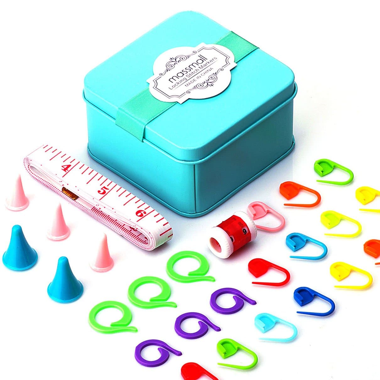massmall 134 Pieces Mix Color Locking Stitch Markers Include Locking Stitch Markers,Needles Point Protectors,Tape Measure,Knit Counter(Color Ship Randomly)