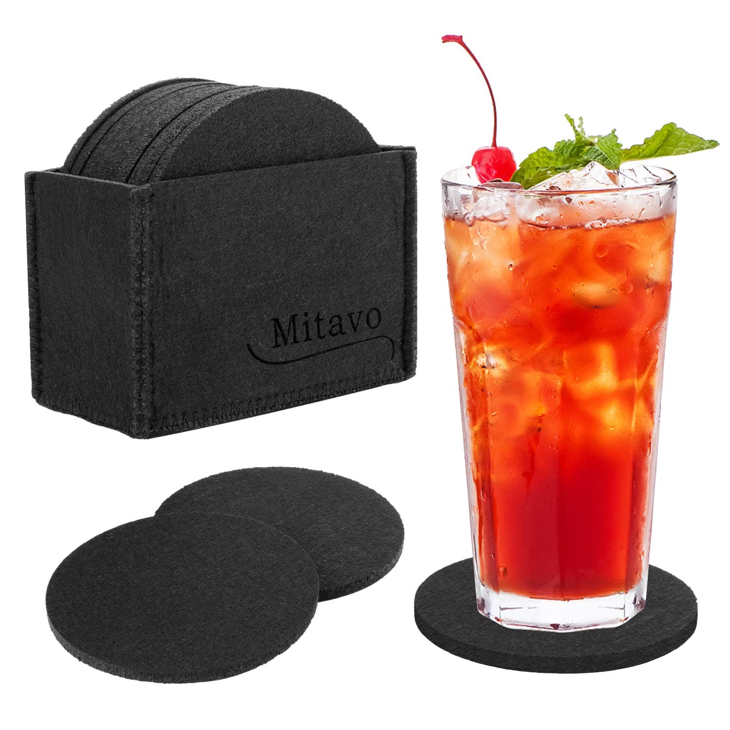 Mitavo Felt Coasters – 10 Premium Felt Coaster Set with Box, Coasters for Glass, Drinks, Glasses, Cups, Round, Black