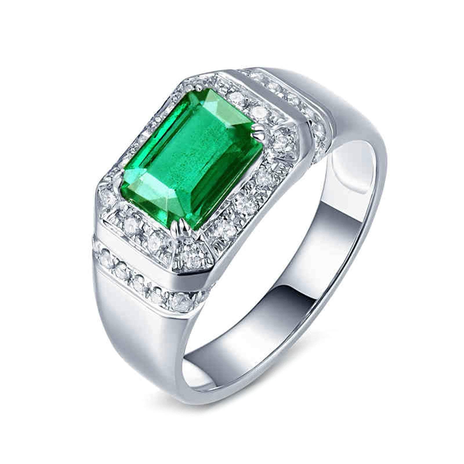 Platinum Ring for Men, Anniversary Ring for Him 1.42ct Rectangular Emerald with 0.35ct Diamond Promise Engagement Ring White Gold