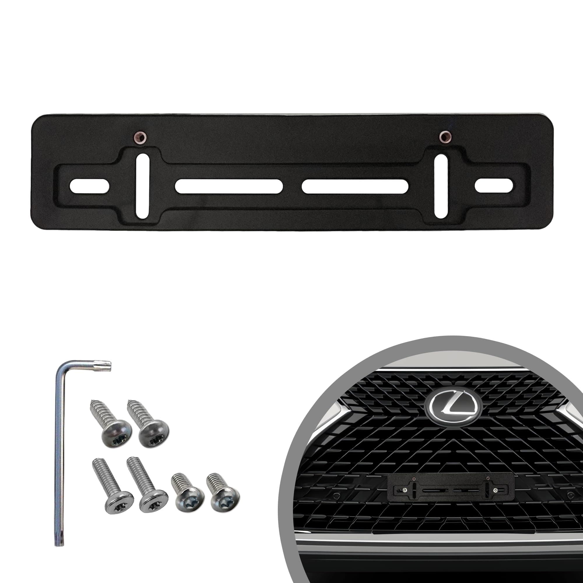 Front License Plate Mounting Bracket for Lexus 2000–2025, 2026, Plate Holder Set with 6 Screws & Wrench Kit, Bumper Tag Mounting Kit, Car & SUV Accessories, Black Plastic