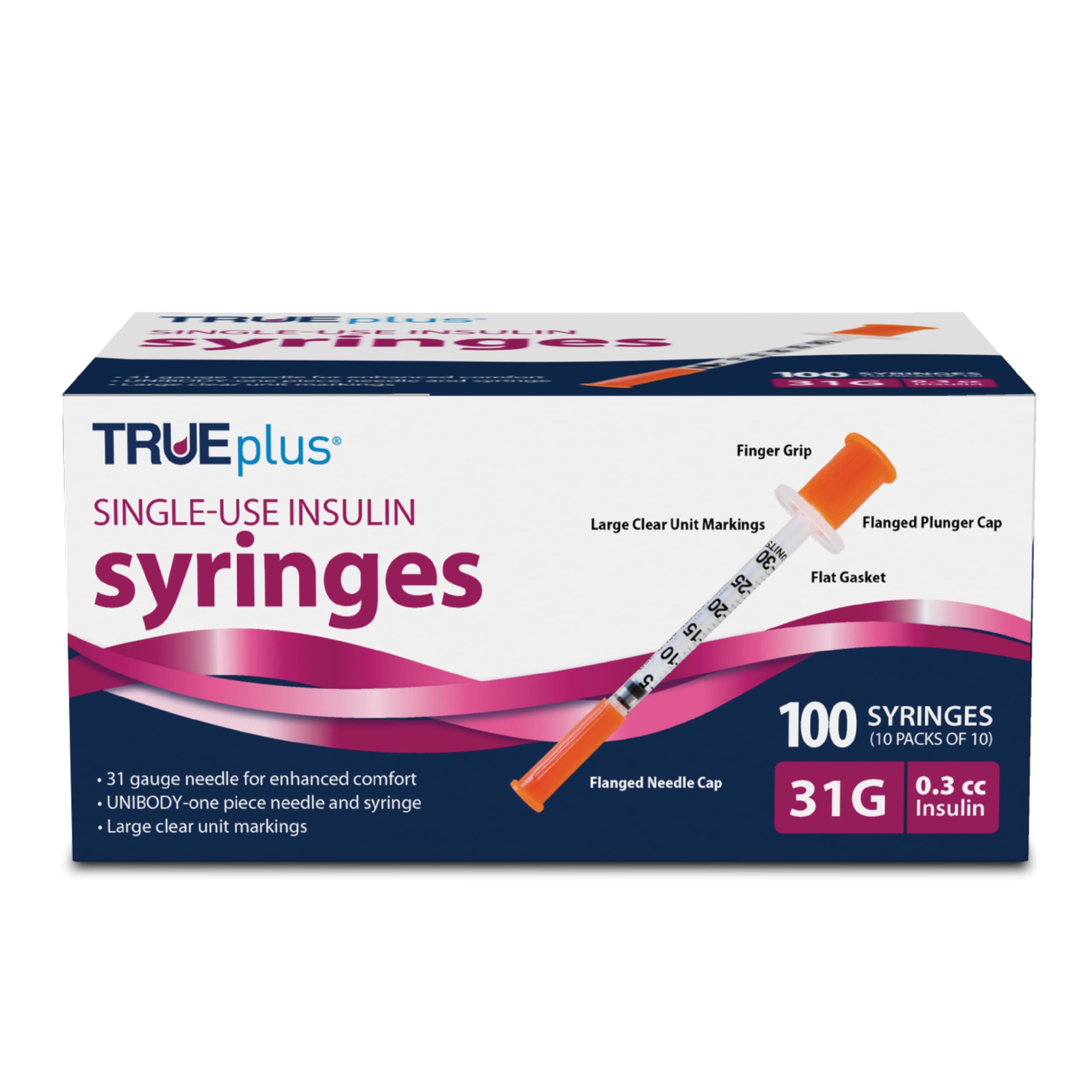 Single-Use Insulin Syringes, 31G 0.3cc 5/16 Inch Needle Length, 100 Count (10 Packs of 10)