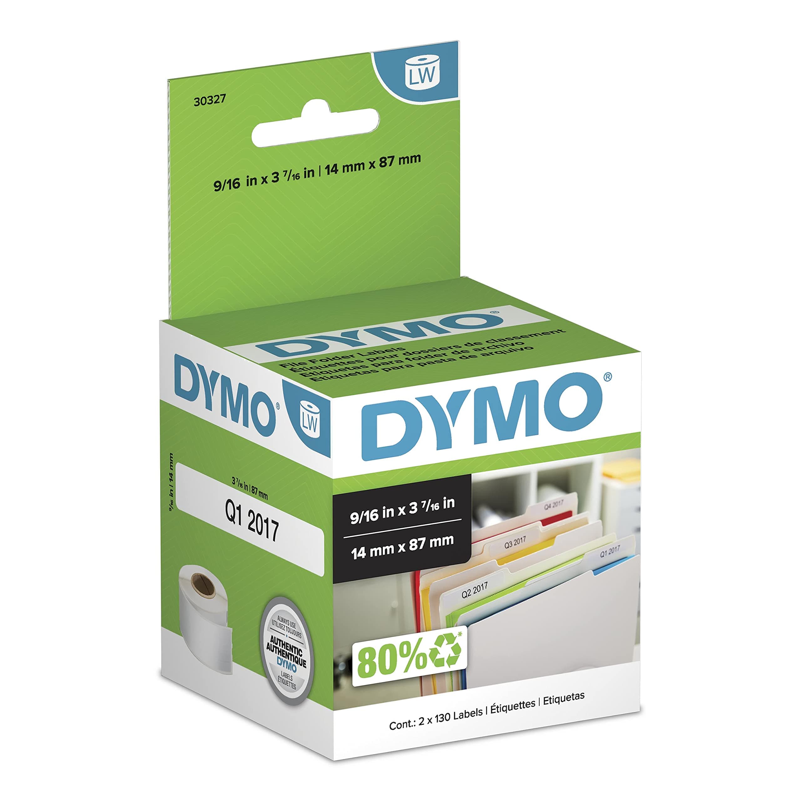 Authentic LW 1-Up File Folder Labels DYMO Labels for LabelWriter Label Printers White 9/16" x 3-7/16" 2 Rolls of 130 (260 Total)