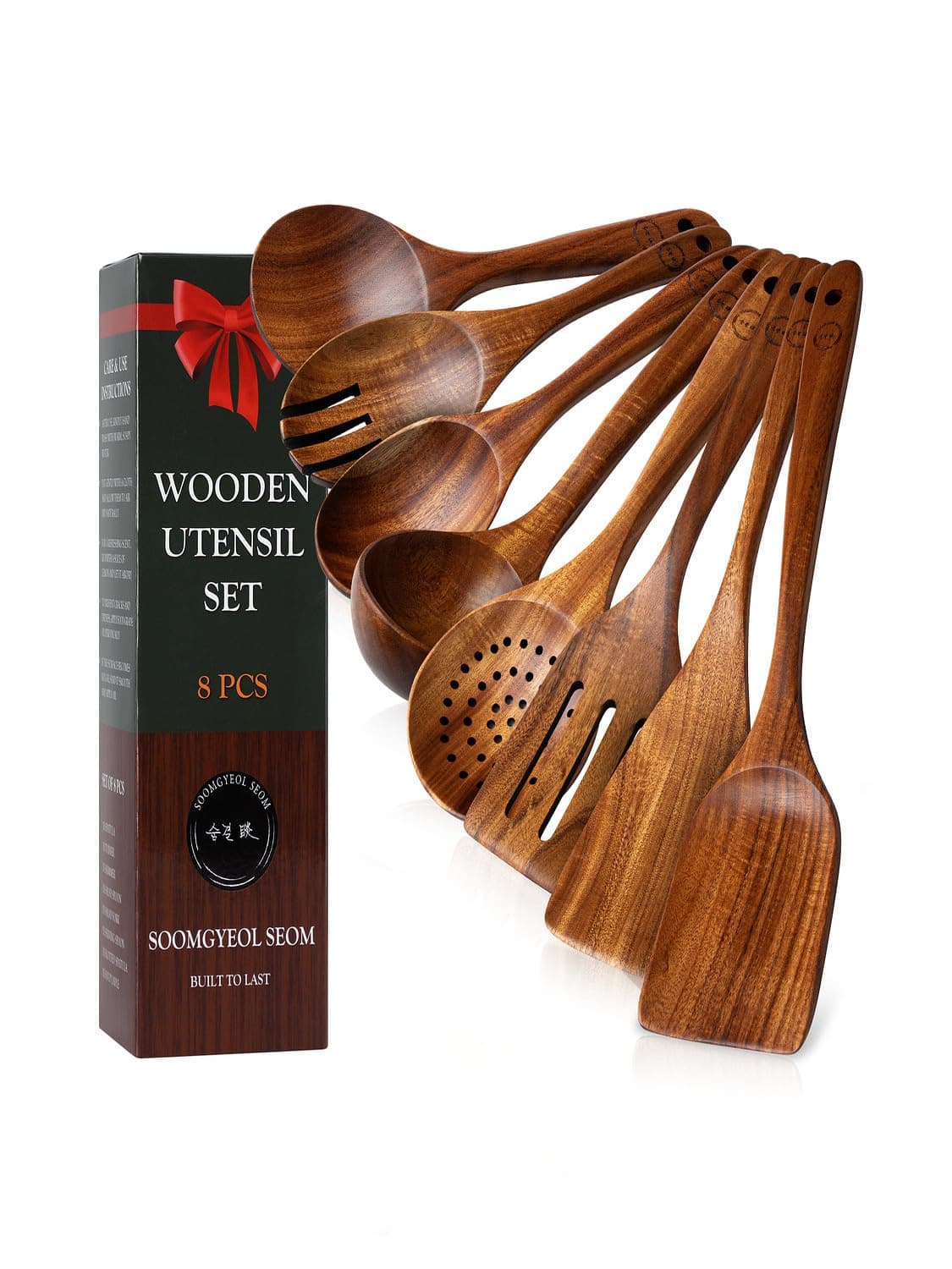 8-Piece Natural Teak Wood Utensil Set - Essential Nonstick Cooking Spoons & Spatulas, Eco-Friendly Tools