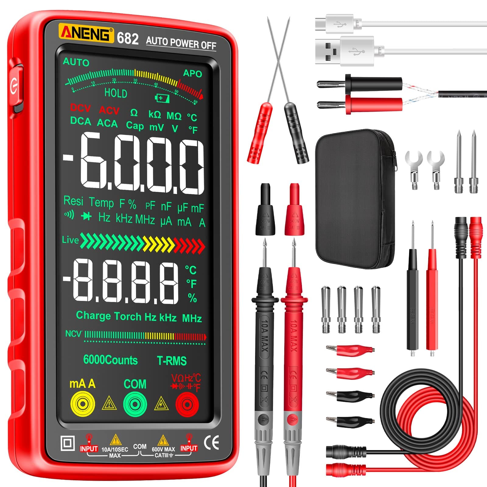 Multimeter Tester Color LCD TRMS Auto-Ranging 6000 Counts Voltmeter Smart Rechargeable Meter Measures AC/DC Current,NCV,Voltage,Ohm,Amp,Resistance,Diodes,Countinuity,Capacitance,Temperature