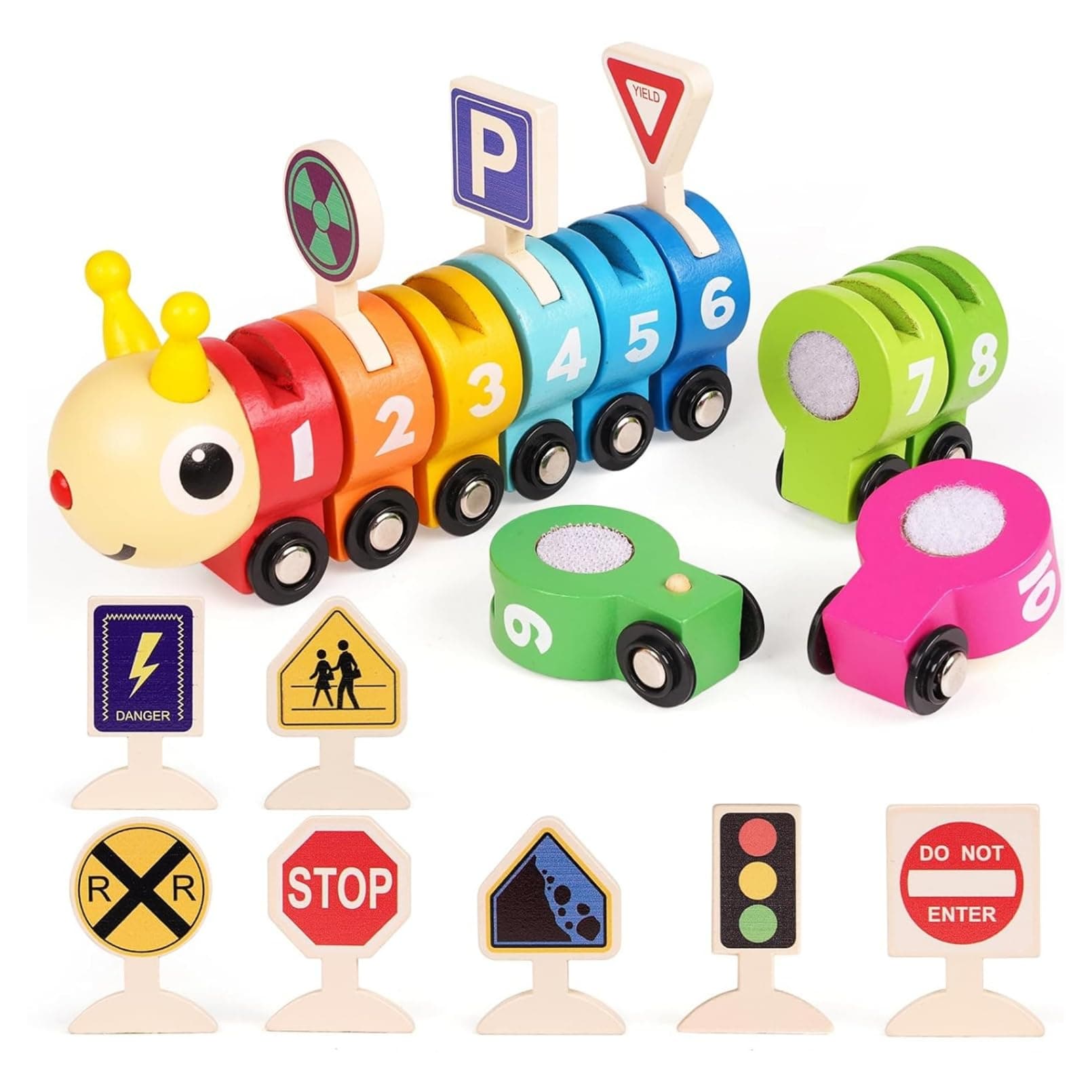 ام انا مجموعة قطار كاتربيلر خشبي مع ارقام وعلامات مرور وألعاب مونتيسوري لعمر ...