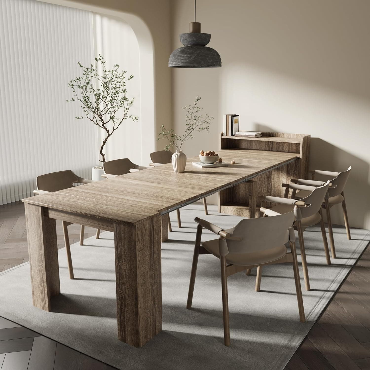 DMAITH 20"-99" Extendable Dining Table with Storage for 2-10 People, Modern Modular Extension Table, Space-Saving Extra Long Folding Dining Table, Multifunctional Conference Meeting Table, Oak