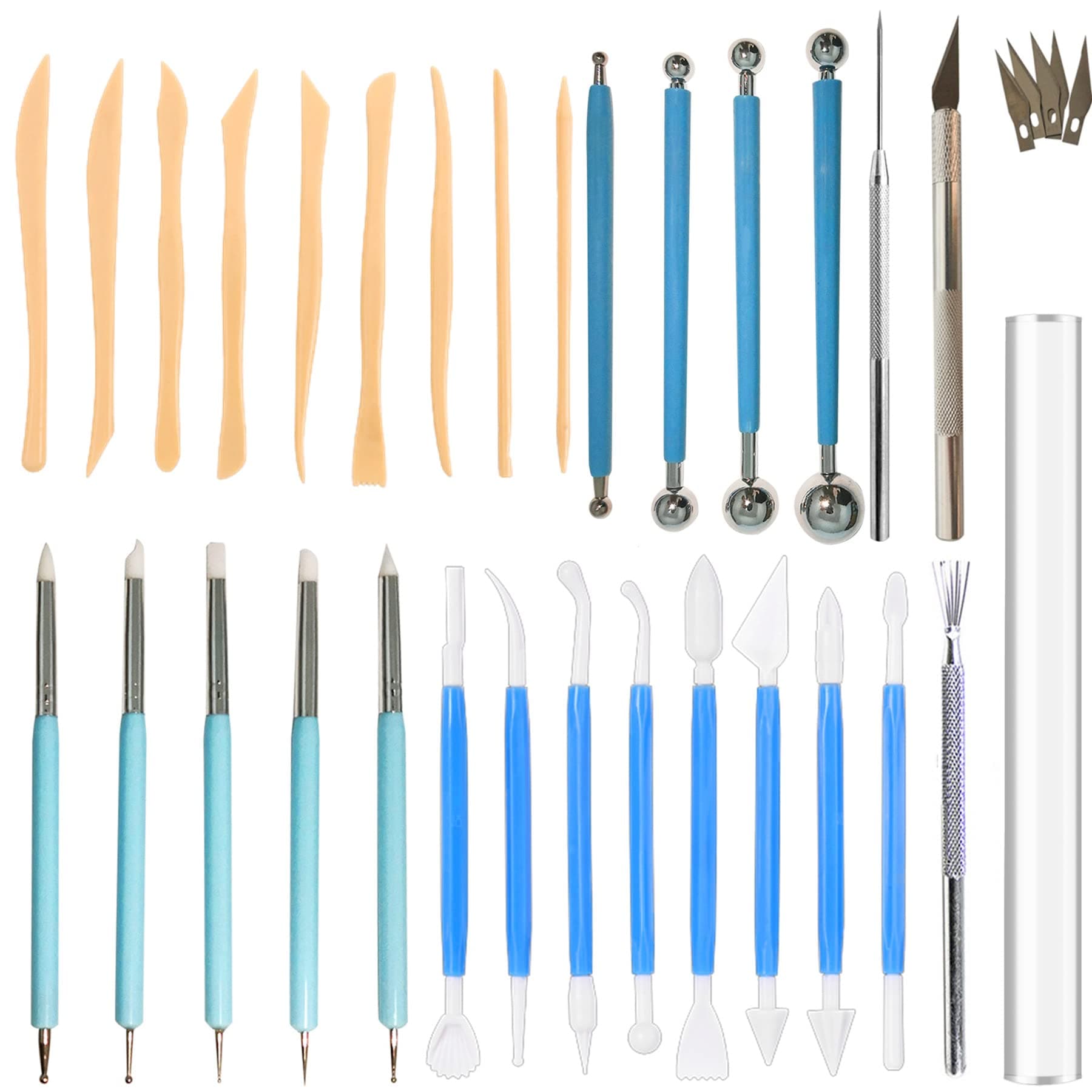 31pcs Polymer Clay Sculpting Tools Set, Air Dry Modeling Clay Roller Dotting Tool Kit Fondant Metal Cutters Silicone Embossing Pen Balls Stylus Rollin