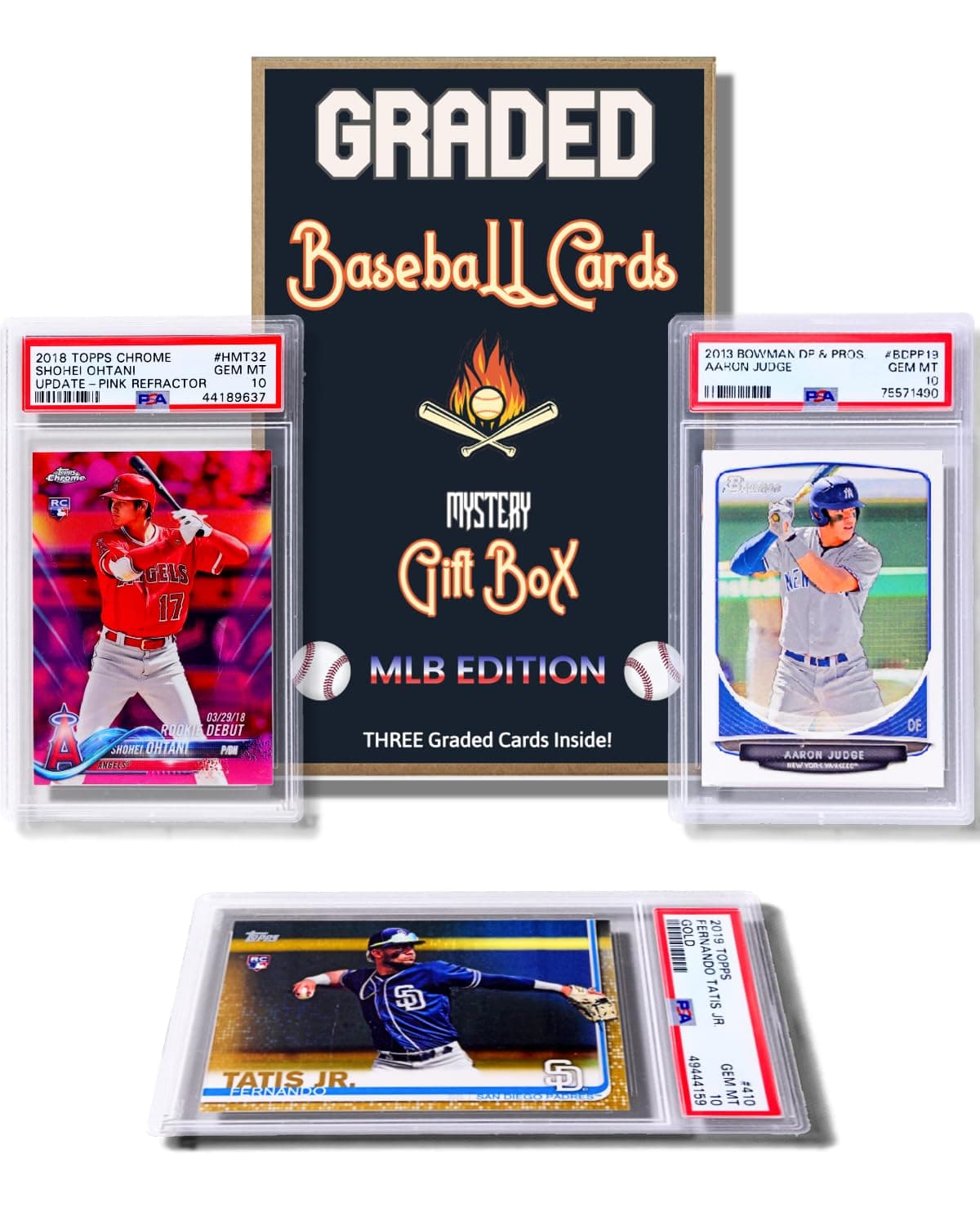 Three Graded Baseball Cards Gift Box: MLB Edition │Three Premium PSA/BGS Graded 10, 9.5 or 9 Cards │Potential Rookie Autographs & Numbered RC Refractors│Gift for Baseball Fans│by Slabs of Heat